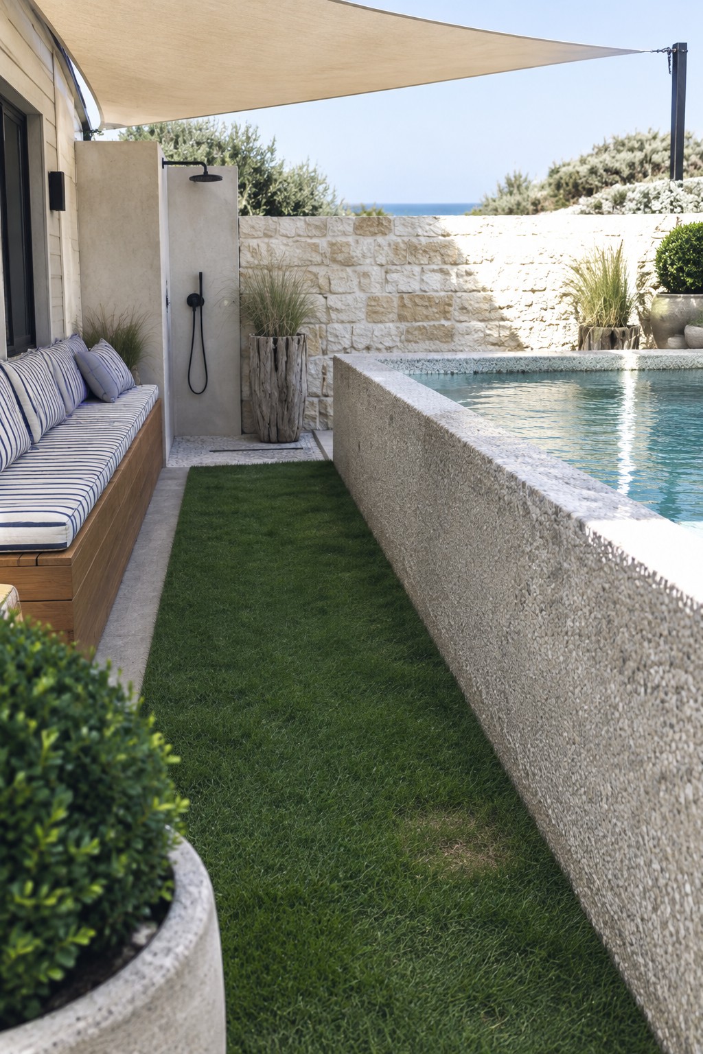16 Striking Raised Plunge Pool Ideas for Level Changes and Compact Yards An outdoor space with a raised plunge pool edged by a thick textured concrete wall, a narrow strip of grass, an outdoor shower, and a shade sail overhead.