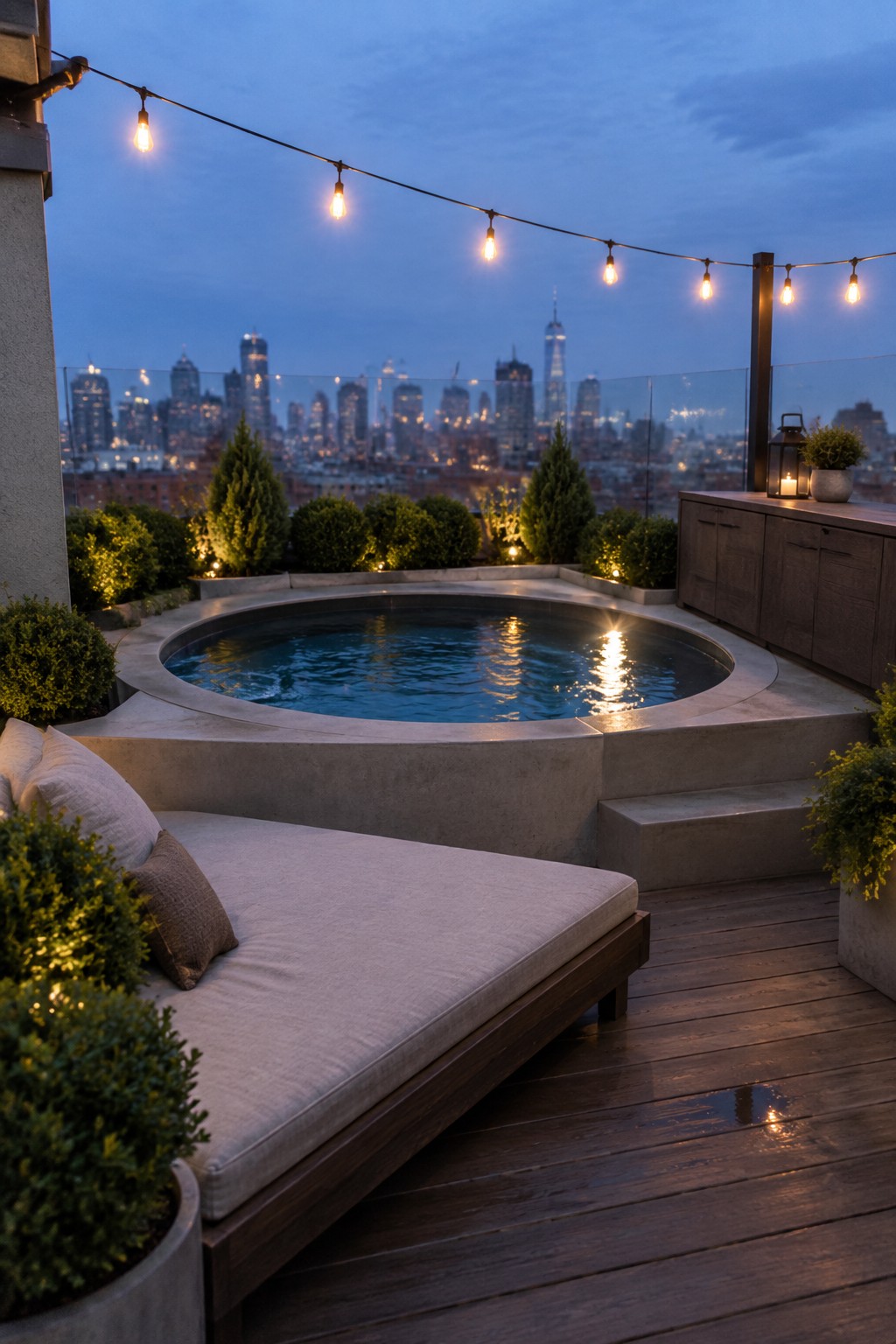 16 Striking Raised Plunge Pool Ideas for Level Changes and Compact Yards Rooftop deck at dusk with circular pool, string lights, lounge chair, and city skyline
