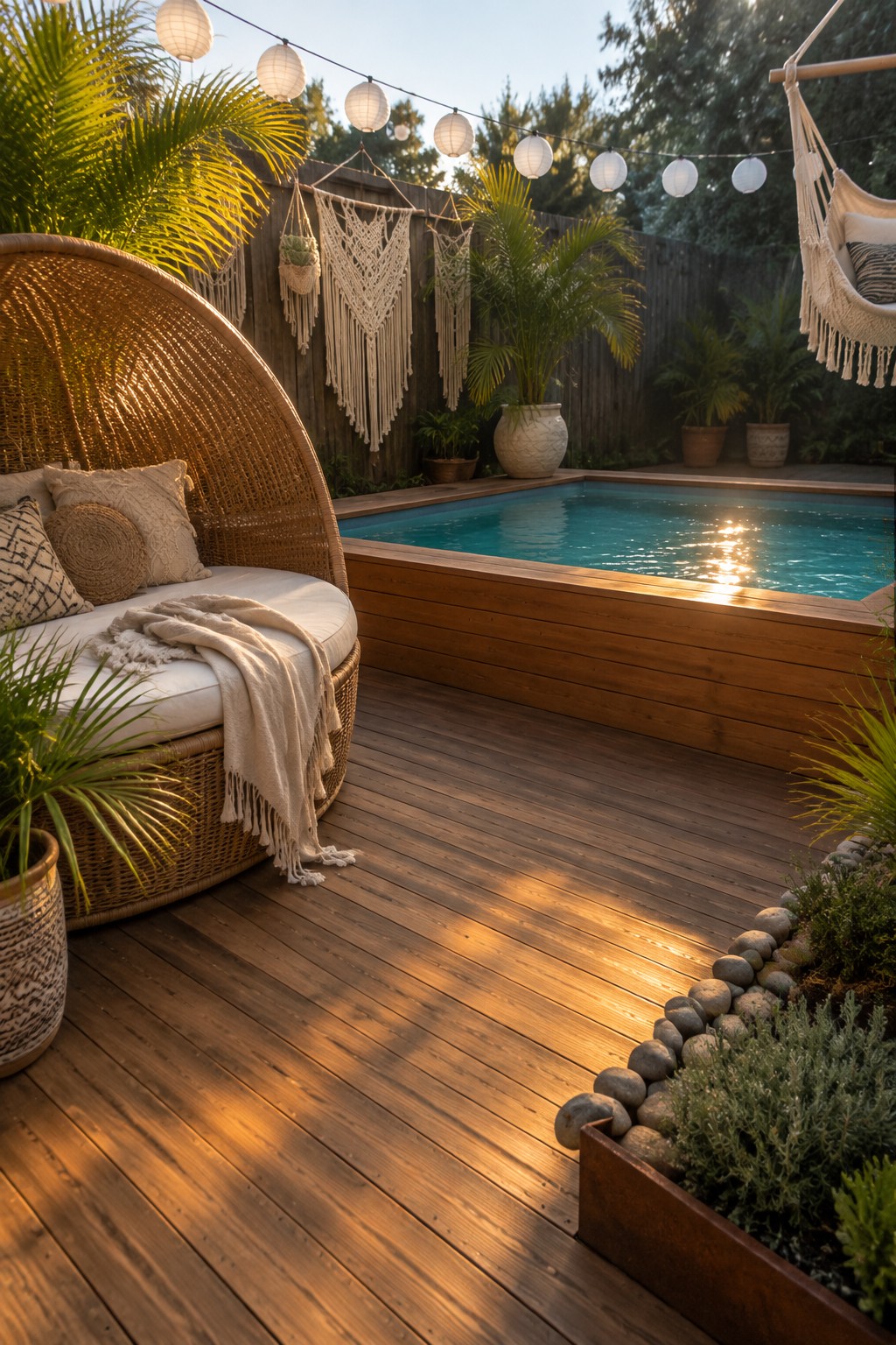 16 Striking Raised Plunge Pool Ideas for Level Changes and Compact Yards A raised plunge pool with wooden sides sits on a wooden deck, surrounded by potted plants, a hanging chair, string lights, and a large wicker daybed.