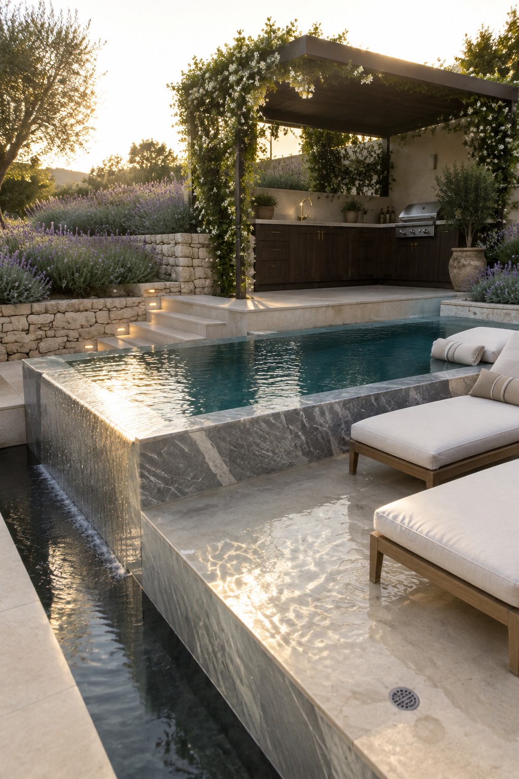 16 Striking Raised Plunge Pool Ideas for Level Changes and Compact Yards A raised gray marble plunge pool with water spilling over one long edge into a narrow channel, set beside two cushioned lounge chairs and an outdoor kitchen area with dark cabinetry.