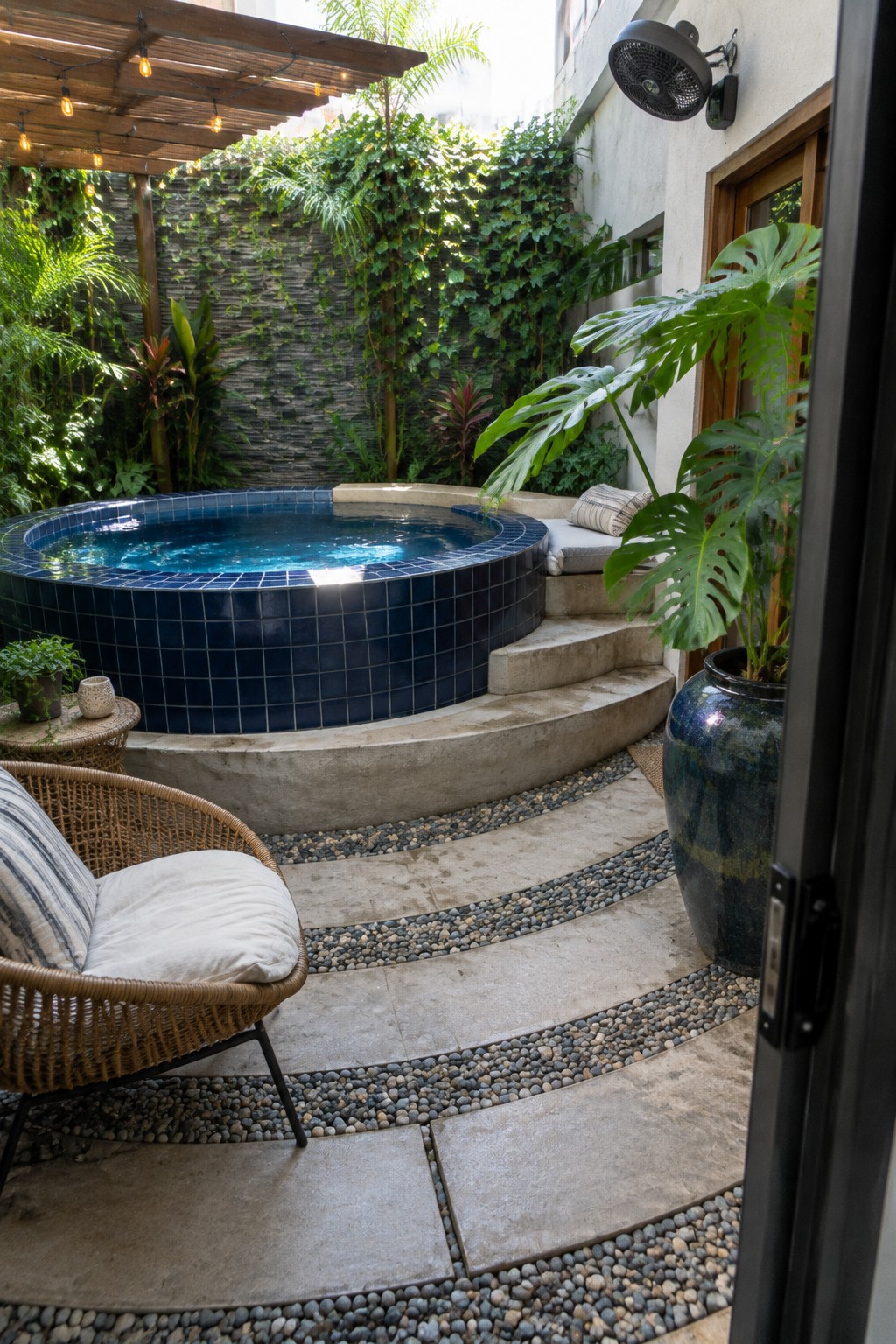 16 Striking Raised Plunge Pool Ideas for Level Changes and Compact Yards A raised circular blue-tiled plunge pool set in a compact courtyard with concrete steps, pebble paths, and surrounding plants.