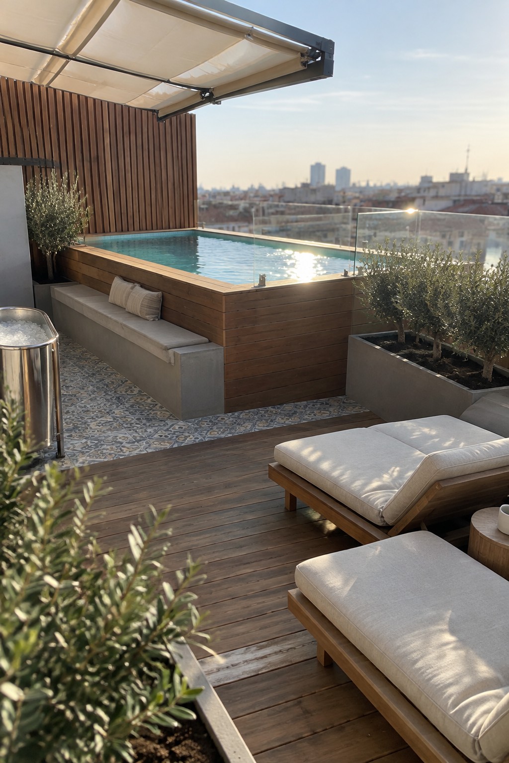 16 Striking Raised Plunge Pool Ideas for Level Changes and Compact Yards A raised rectangular plunge pool with light blue water is set into a wooden deck, with a concrete bench running along one side and two cushioned lounge chairs positioned nearby.