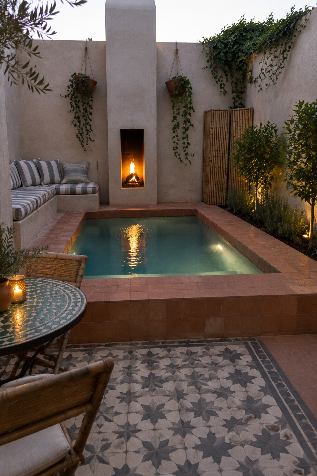 16 Striking Raised Plunge Pool Ideas for Level Changes and Compact Yards Rectangular turquoise pool beside a glowing fireplace in a plant-filled tiled courtyard
