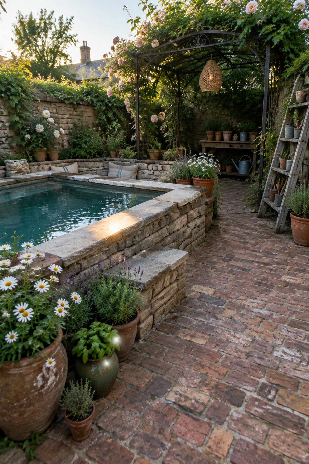 16 Striking Raised Plunge Pool Ideas for Level Changes and Compact Yards A raised stone plunge pool with cushions along the coping, surrounded by potted plants and a brick path in a garden setting.