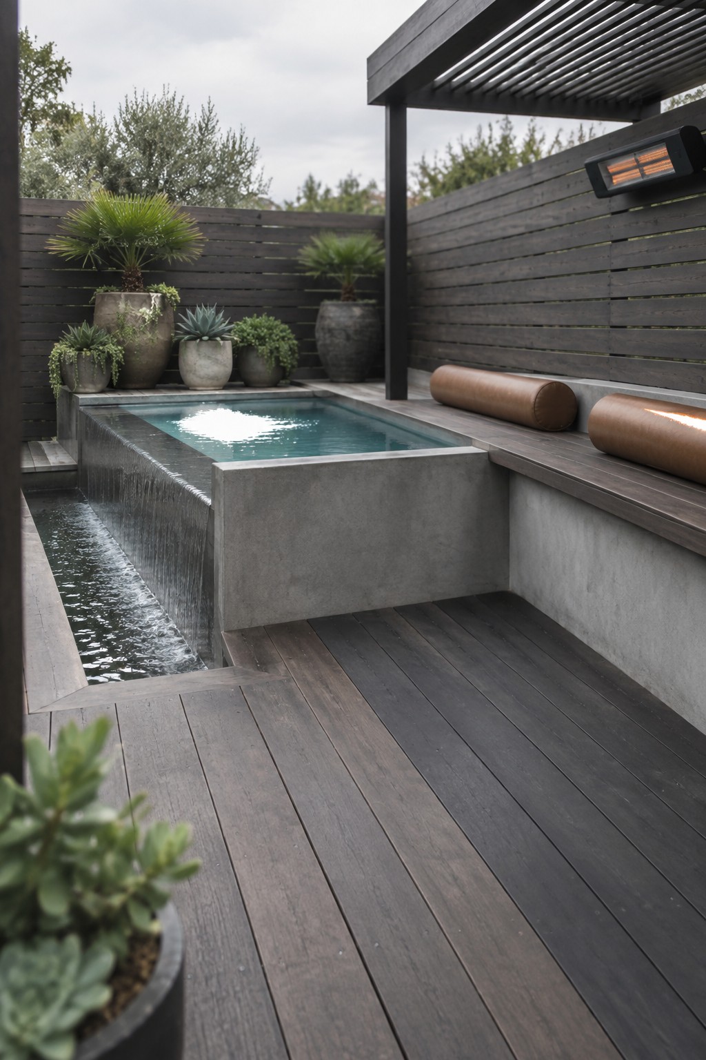 16 Striking Raised Plunge Pool Ideas for Level Changes and Compact Yards A raised concrete plunge pool with water cascading over one edge into a lower channel, set on a dark wood deck with built-in bench seating and large potted plants along a dark fence.