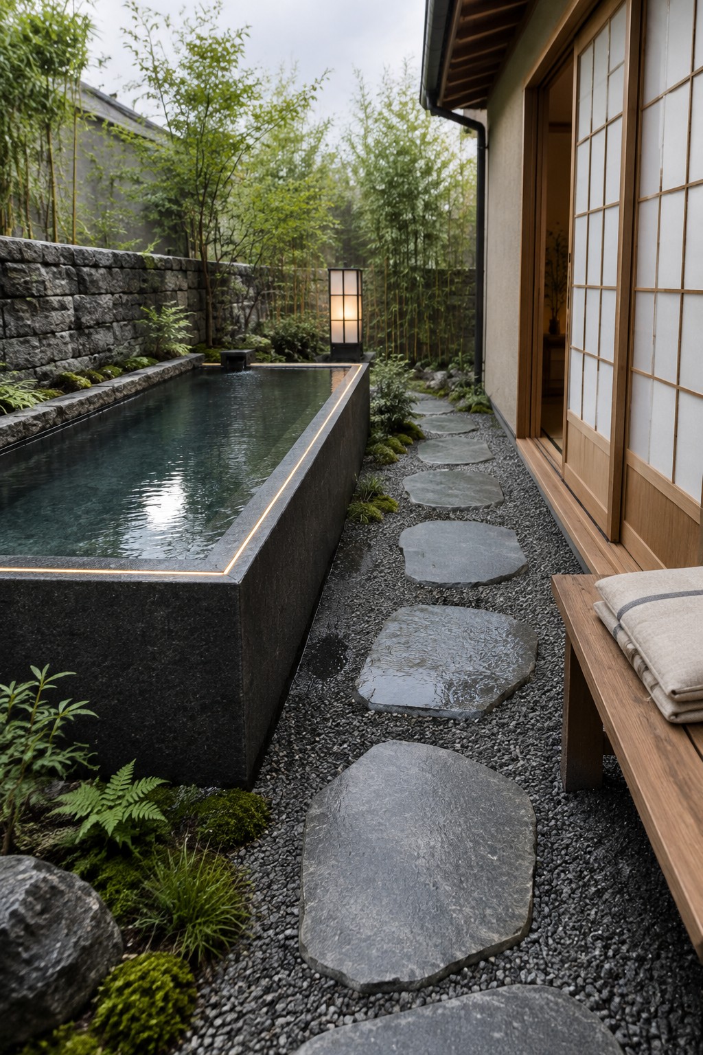 16 Striking Raised Plunge Pool Ideas for Level Changes and Compact Yards Japanese zen garden with glowing pond, stepping stones, wooden bench, and shoji door.