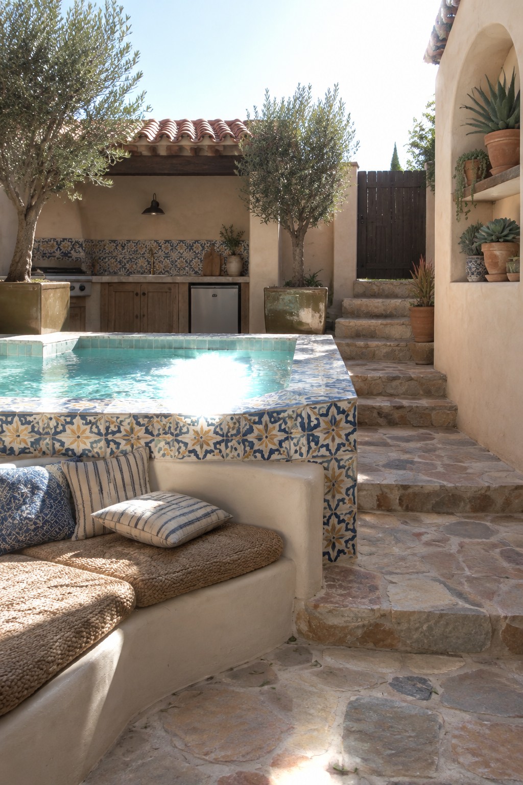 16 Striking Raised Plunge Pool Ideas for Level Changes and Compact Yards A raised plunge pool with patterned tile edging includes a cushioned bench seat and connects to a lower patio via stone steps.