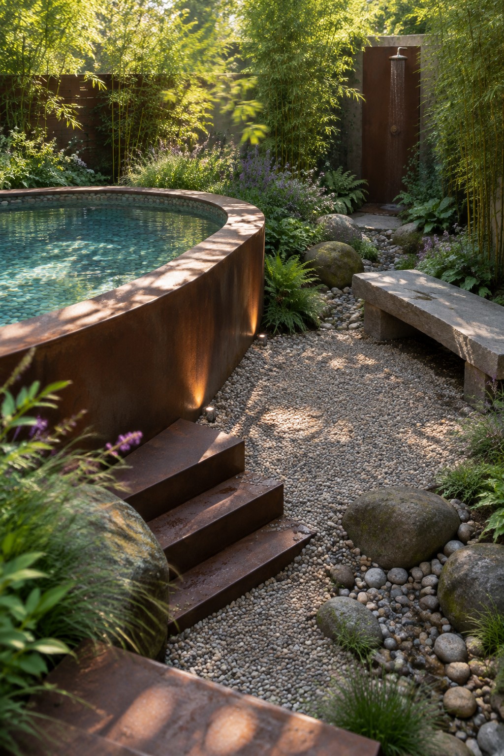16 Striking Raised Plunge Pool Ideas for Level Changes and Compact Yards Corten steel plunge pool in lush garden with gravel path, bench, and shower