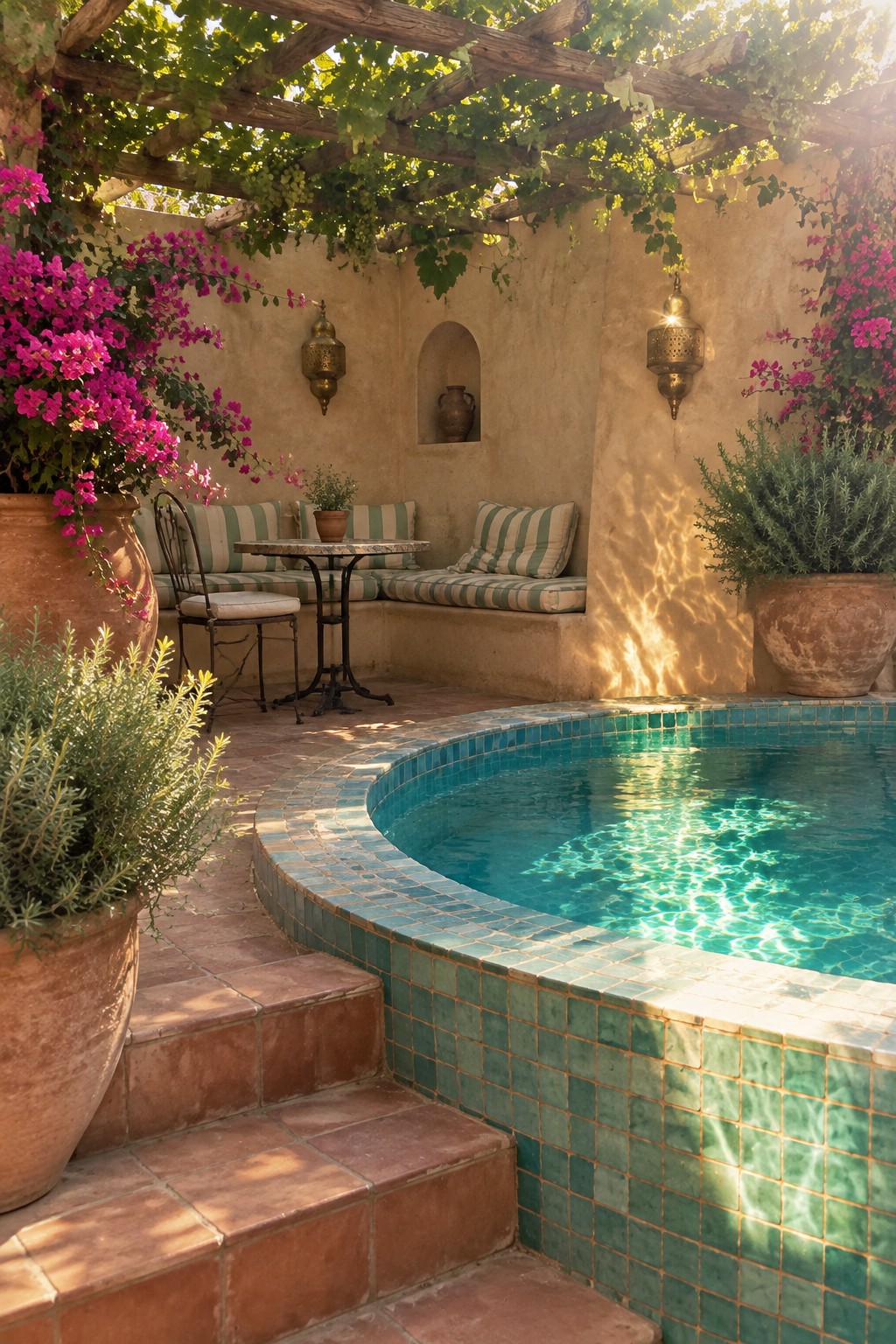 16 Striking Raised Plunge Pool Ideas for Level Changes and Compact Yards A small raised plunge pool with blue-green tile sits beside terracotta steps in a courtyard with built-in striped bench seating under a wooden pergola and large terracotta pots with flowering plants.