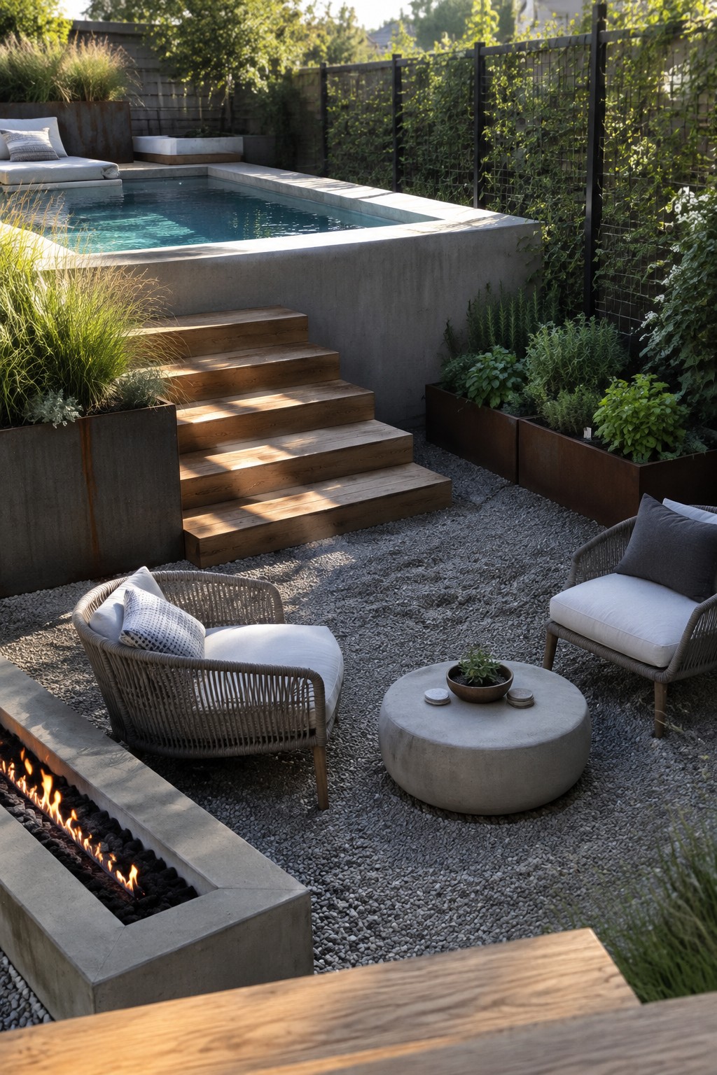16 Striking Raised Plunge Pool Ideas for Level Changes and Compact Yards A raised concrete plunge pool with wooden steps leading down to a gravel patio that holds a round fire pit and two woven lounge chairs.