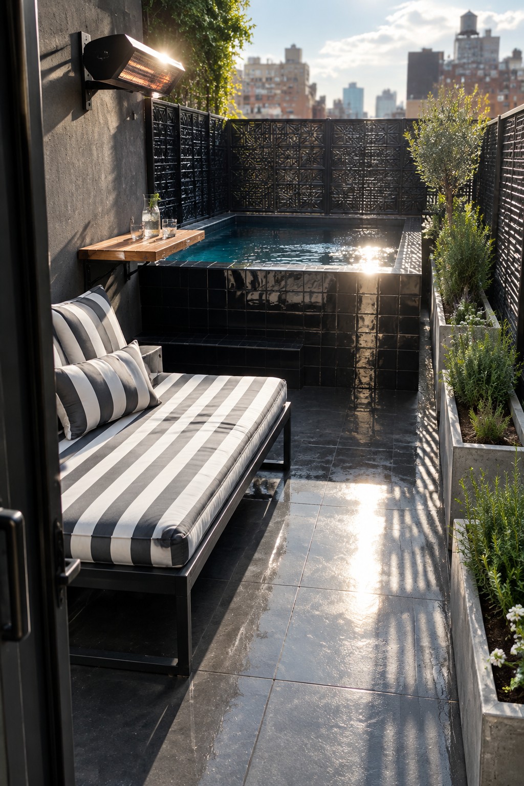 16 Striking Raised Plunge Pool Ideas for Level Changes and Compact Yards Striped daybed beside black-tiled plunge pool on sunny rooftop terrace