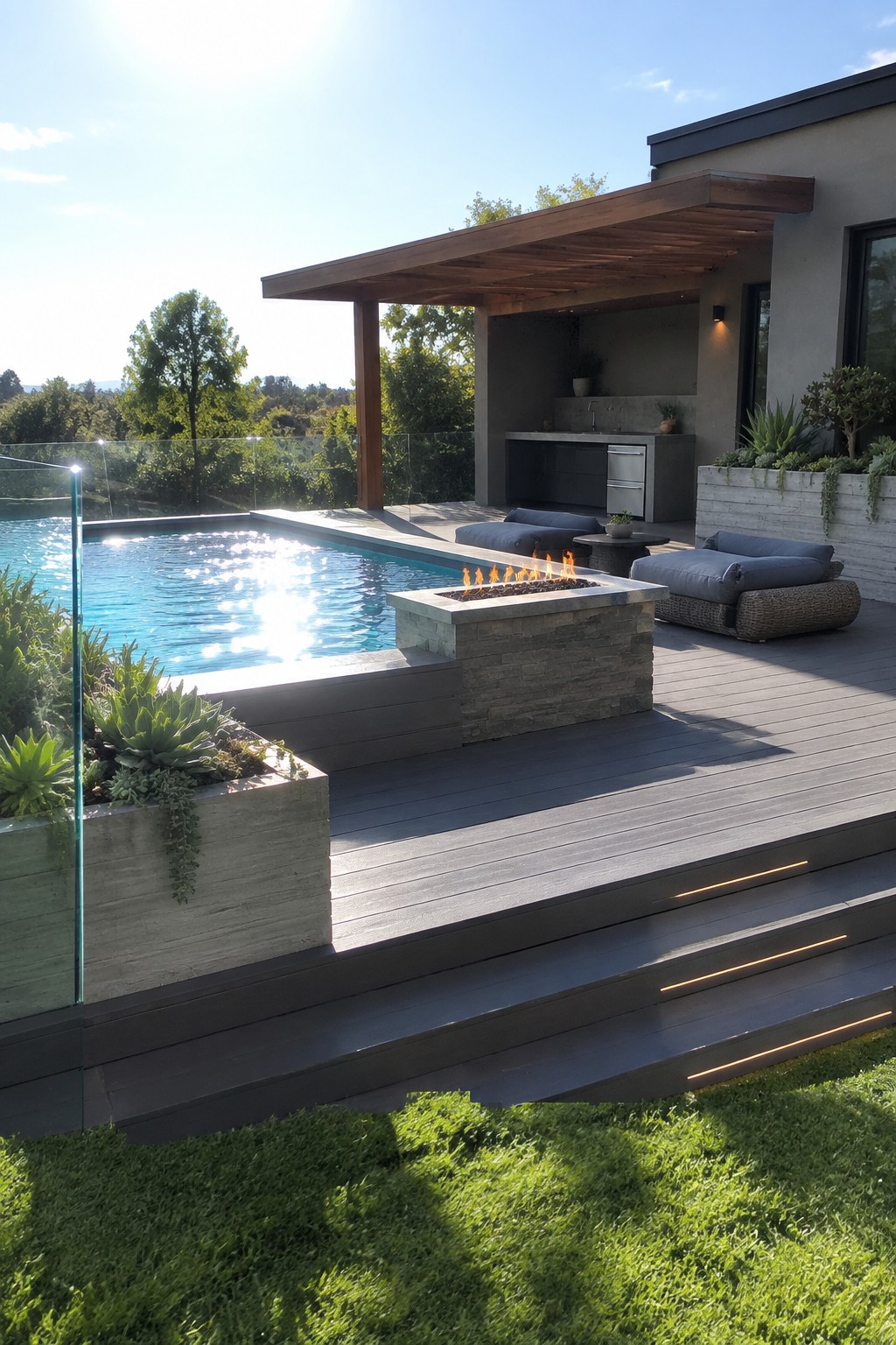 A wooden deck attached to a modern house with an above-ground pool, a stone fire pit positioned at the pool edge, and outdoor lounge seating nearby.