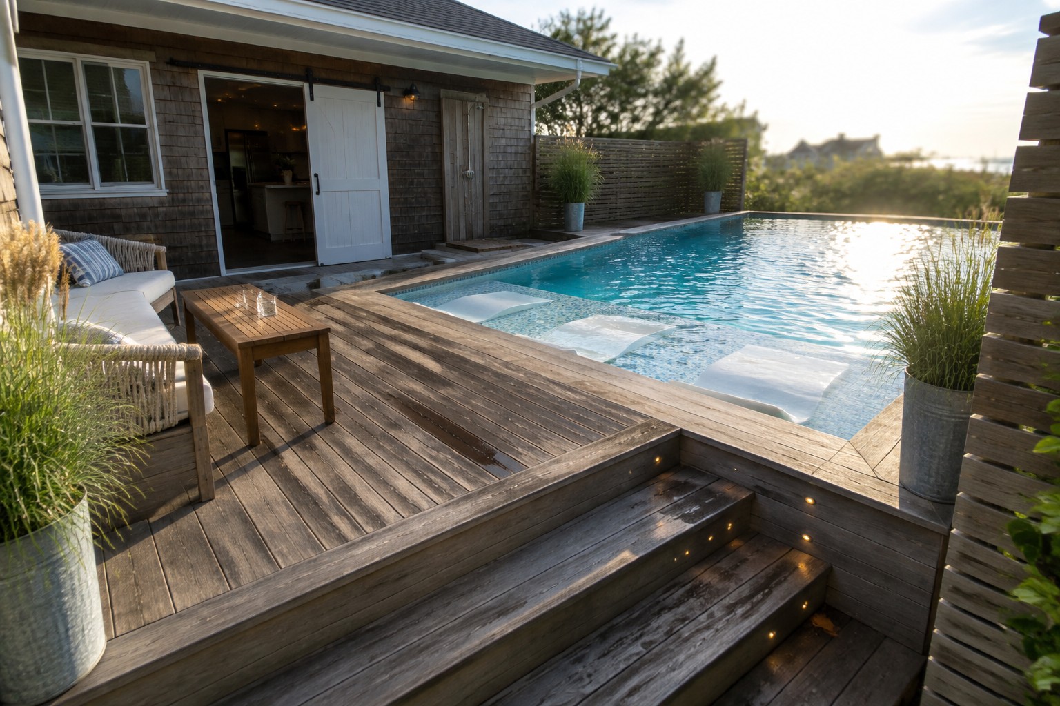 Wooden deck beside turquoise pool with bench, table, plants, and lit steps