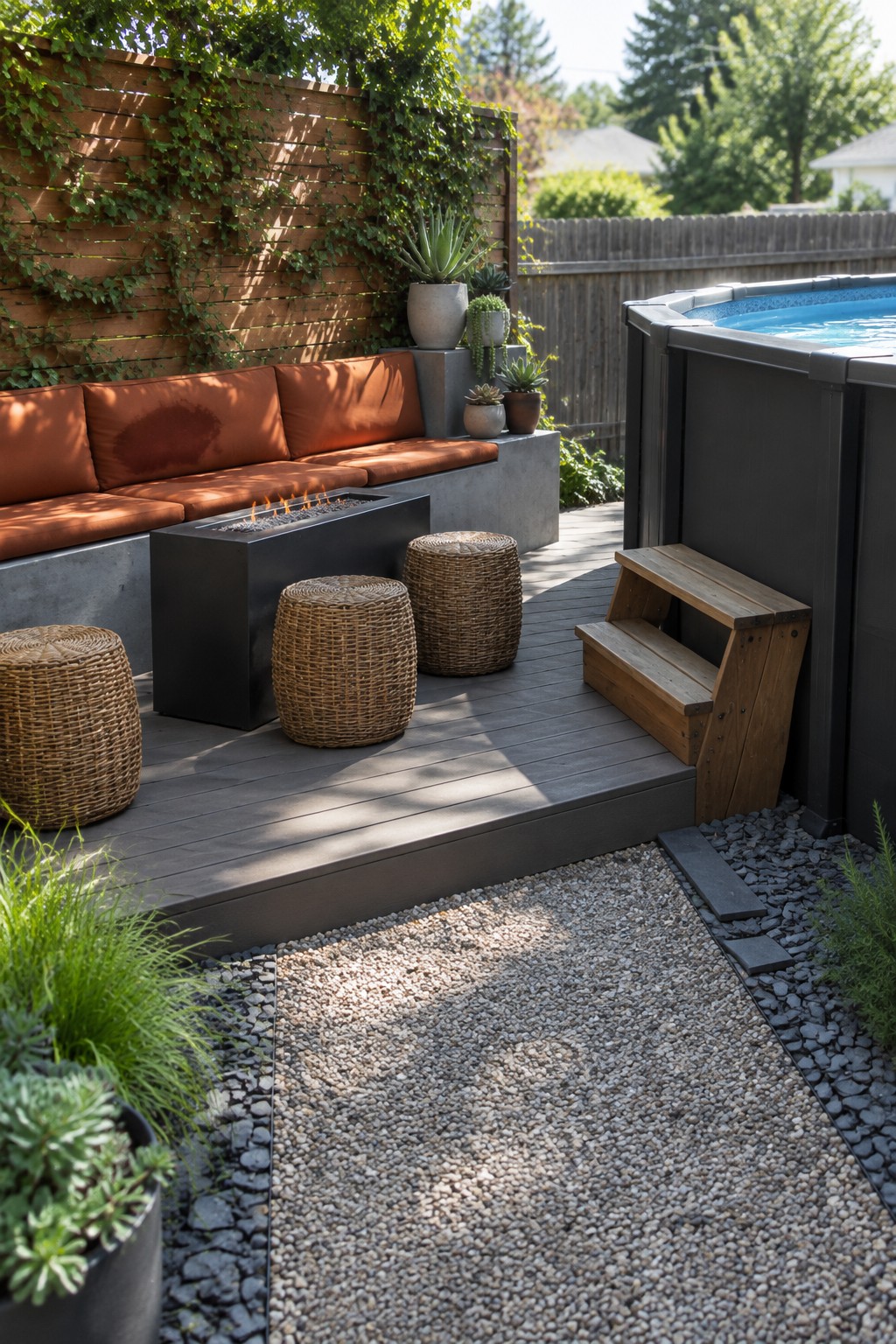 19 Stylish Above Ground Pool Ideas With Poolside Seating Areas Modern patio deck with fire pit, orange bench, woven stools, hot tub, and gravel