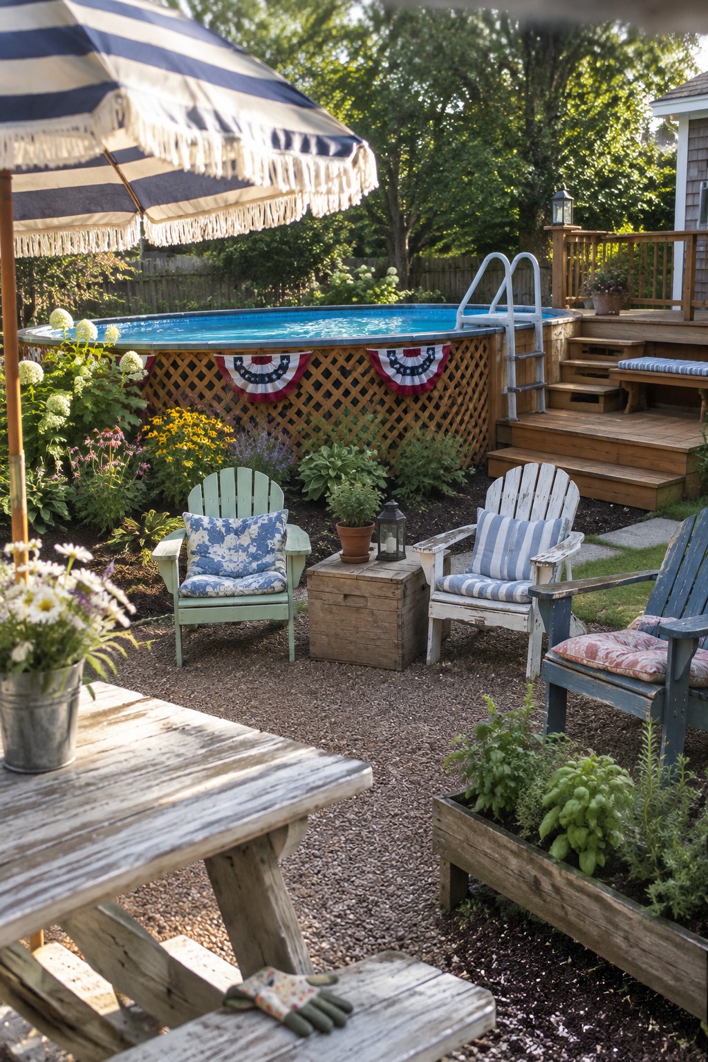 19 Stylish Above Ground Pool Ideas With Poolside Seating Areas An above-ground pool with a gravel seating area, several painted Adirondack chairs, a wooden crate table, and flowers planted around the edge.