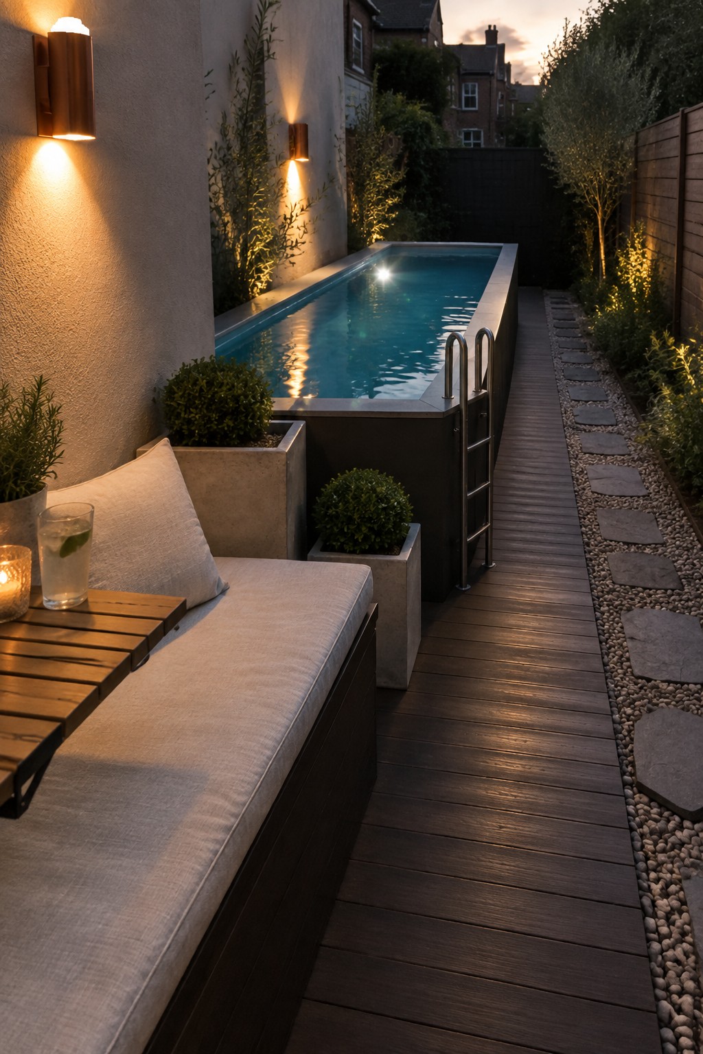 19 Stylish Above Ground Pool Ideas With Poolside Seating Areas An above-ground rectangular pool with a dark wood deck running alongside it and a cushioned bench with pillows placed at one end.