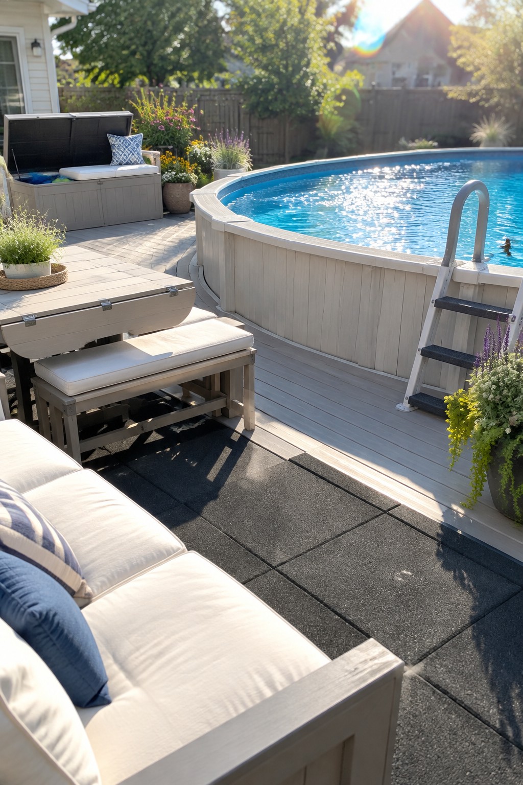 19 Stylish Above Ground Pool Ideas With Poolside Seating Areas An above-ground pool surrounded by light gray decking with white cushioned outdoor sofas, a storage bench, a side table, potted plants, and a metal ladder into the water.
