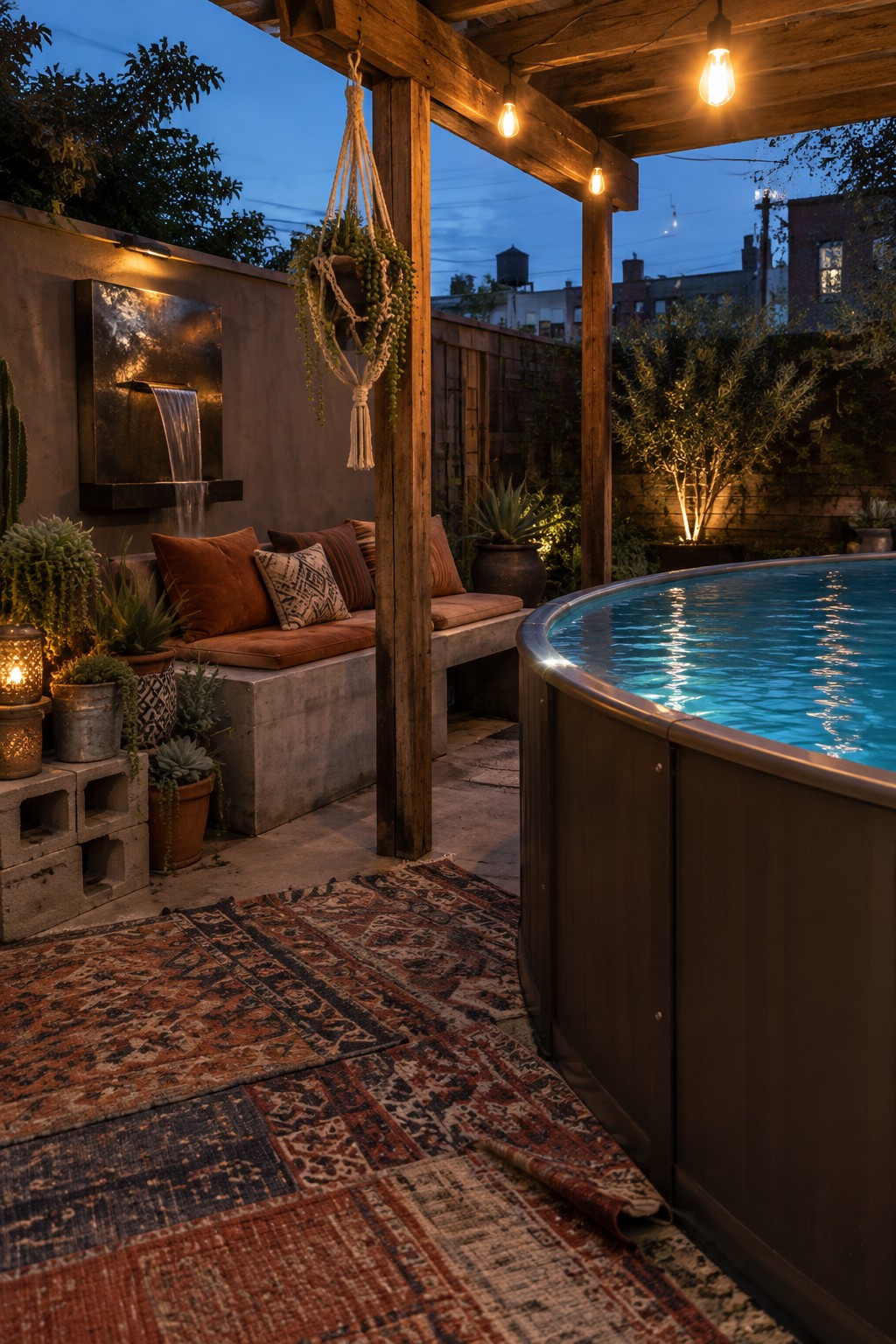 19 Stylish Above Ground Pool Ideas With Poolside Seating Areas Cozy dusk patio with glowing hot tub, wall fountain, cushioned bench, and colorful rugs