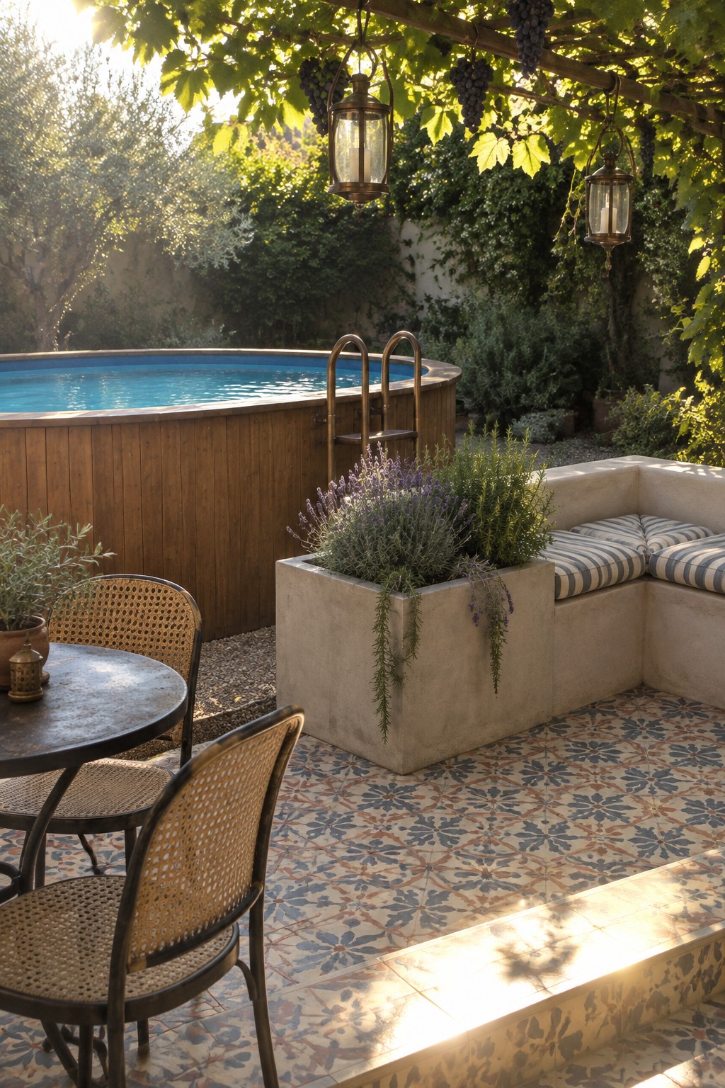19 Stylish Above Ground Pool Ideas With Poolside Seating Areas Sunny patio with pool, grapevine pergola, hanging lanterns, lavender planter, and striped bench