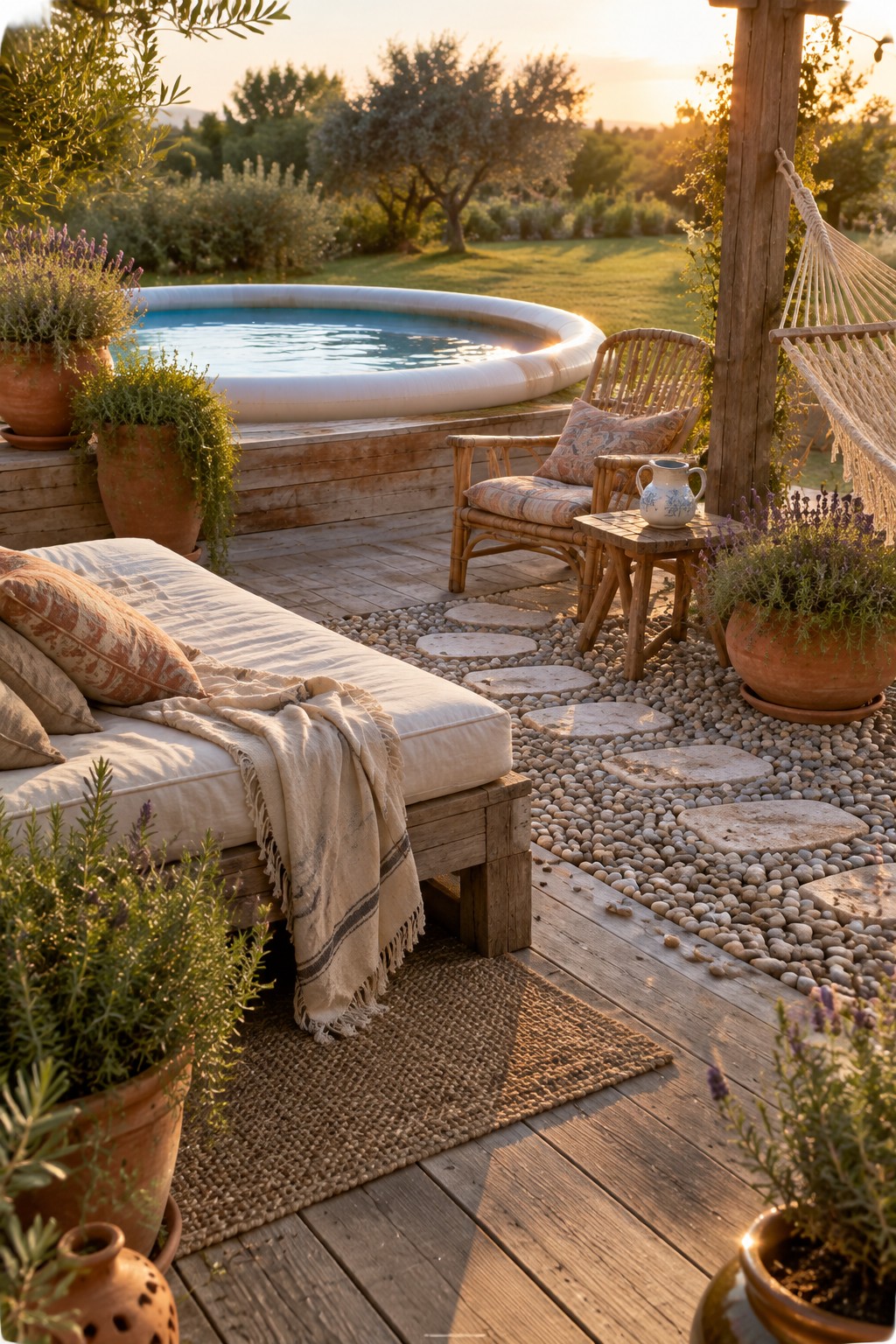 19 Stylish Above Ground Pool Ideas With Poolside Seating Areas Rustic wooden deck with lounge daybed, lavender pots, pebble path, round pool at sunset.