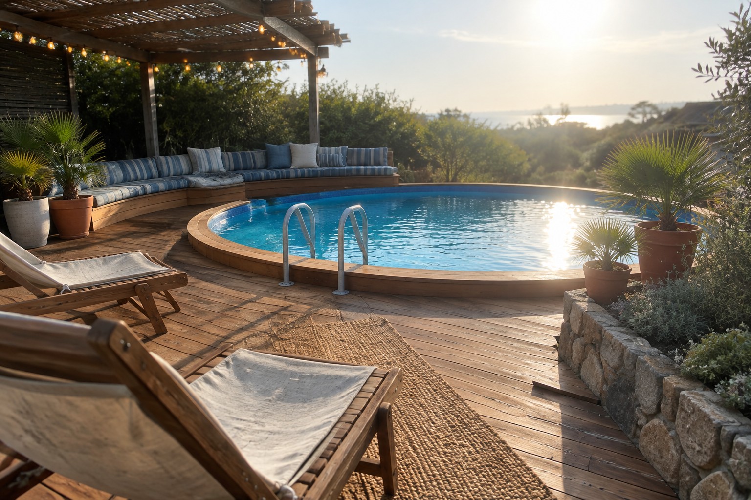 Sunlit wooden deck with pool, lounge chairs, striped bench and ocean view.