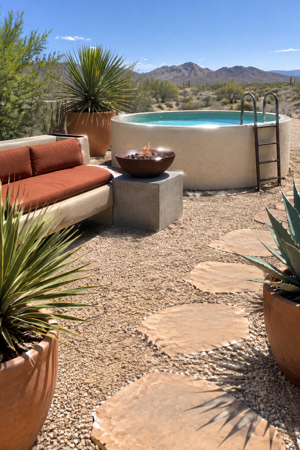 19 Stylish Above Ground Pool Ideas With Poolside Seating Areas Round pool with ladder, fire pit, orange sofa, and desert plants on gravel path.