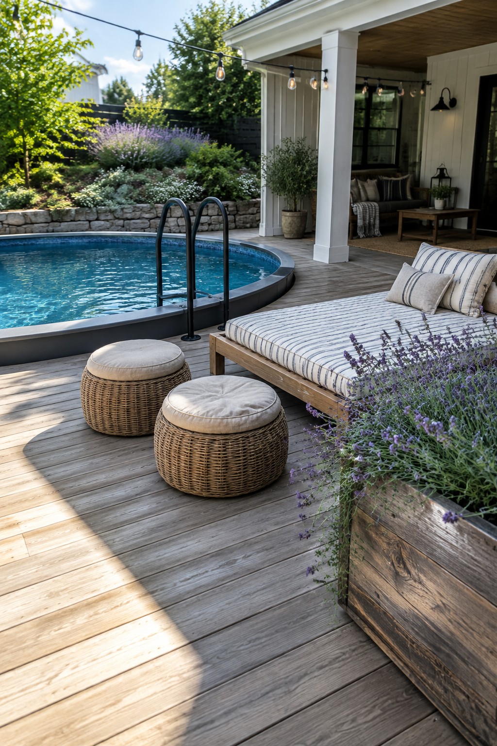 19 Stylish Above Ground Pool Ideas With Poolside Seating Areas An above-ground pool with a black ladder on a wooden deck, two round woven stools with beige cushions, a striped lounge chair, and a wooden planter with lavender plants in the foreground.