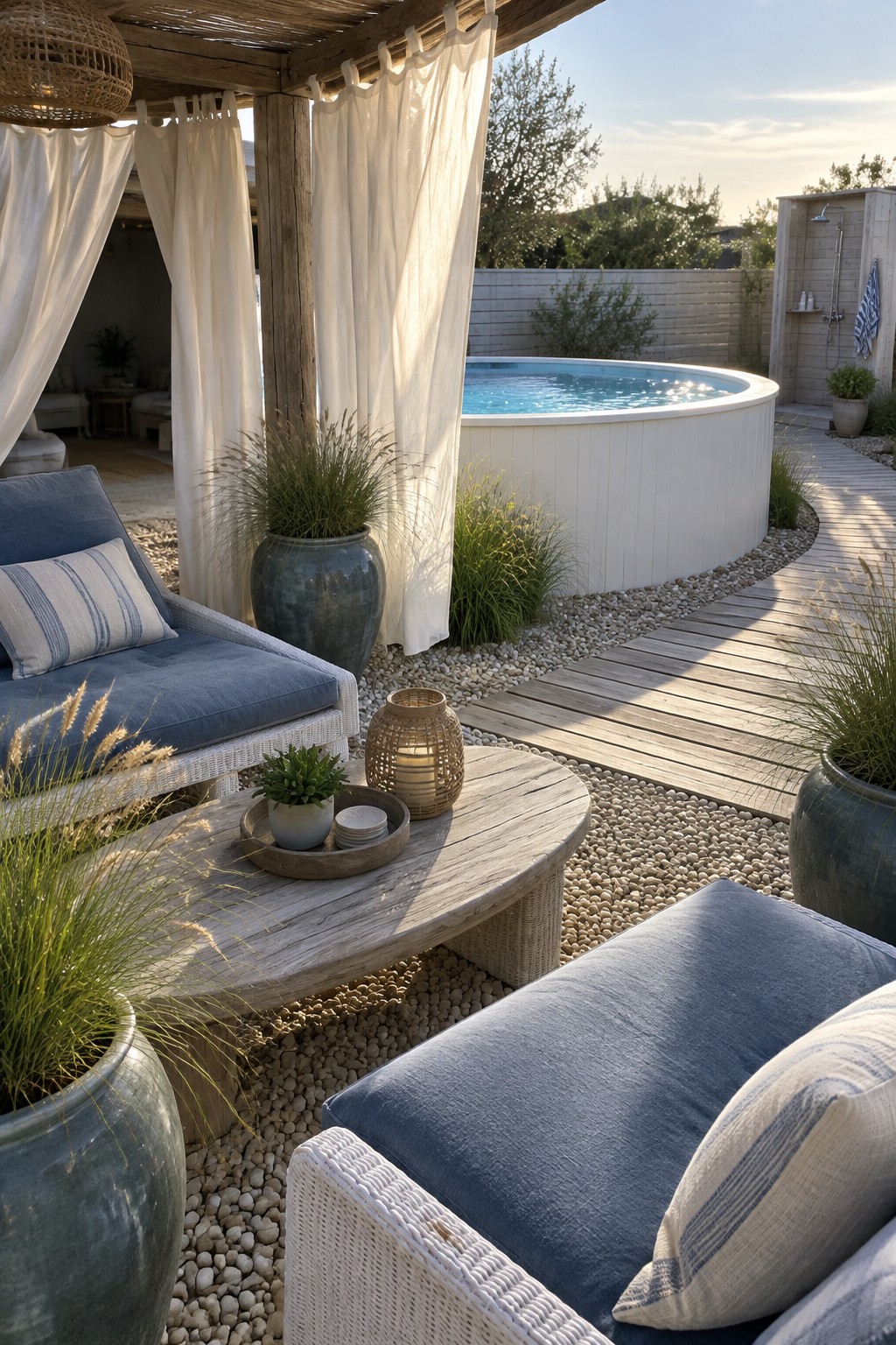 19 Stylish Above Ground Pool Ideas With Poolside Seating Areas Outdoor patio with round pool, blue-cushioned wicker chairs, wooden table and potted plants