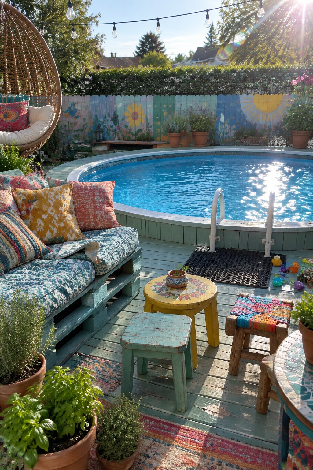 19 Stylish Above Ground Pool Ideas With Poolside Seating Areas Sunny backyard with blue pool, wooden deck, colorful cushions, and painted fence