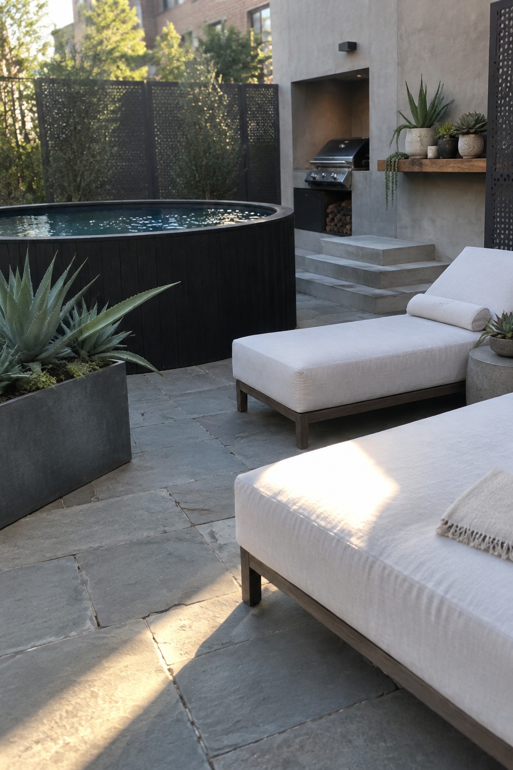 19 Stylish Above Ground Pool Ideas With Poolside Seating Areas A round above-ground pool with dark siding on a stone patio next to two white lounge chairs, with a concrete planter and outdoor grill area visible.