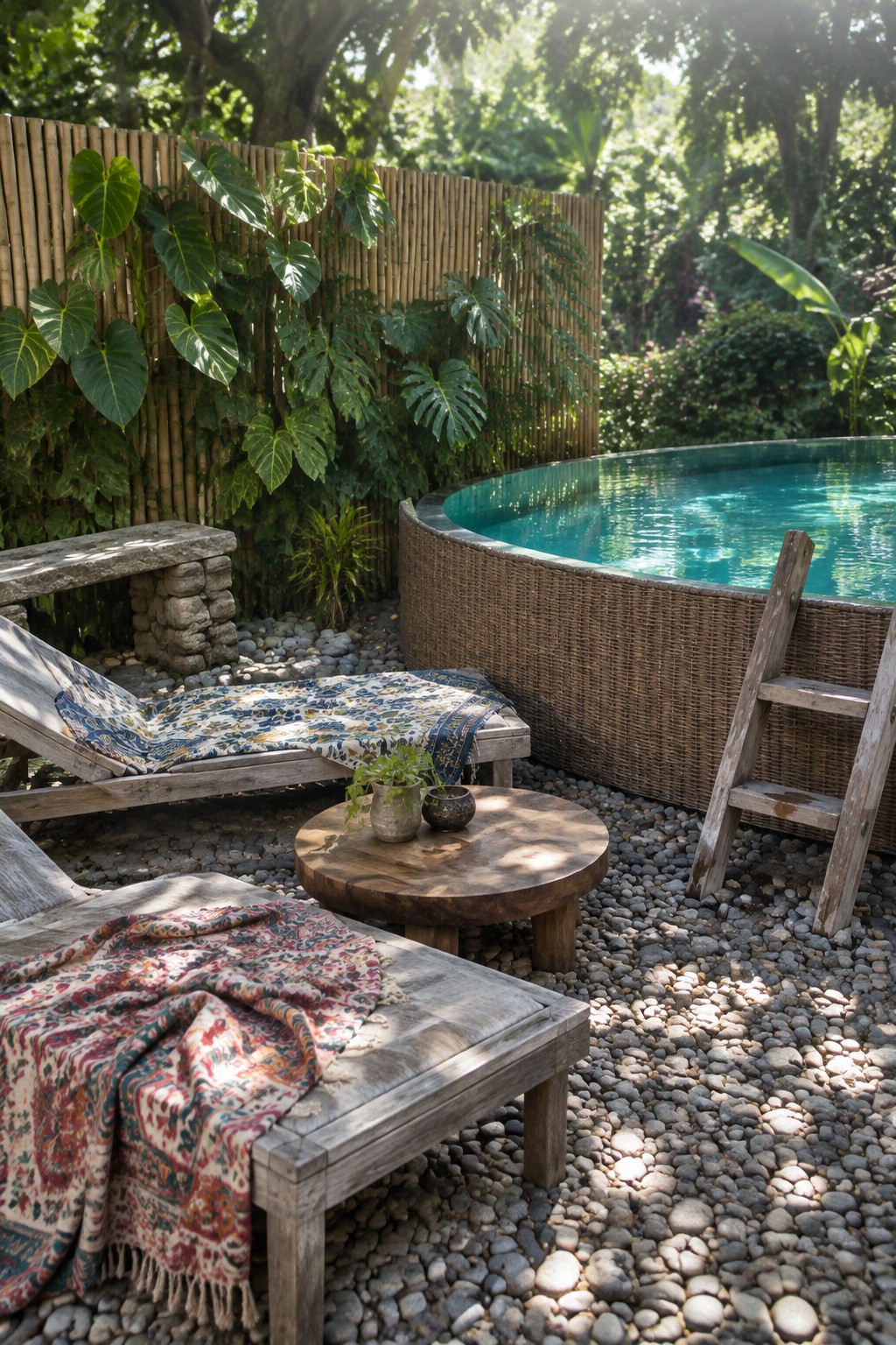 19 Stylish Above Ground Pool Ideas With Poolside Seating Areas An above-ground pool with woven sides and a wooden ladder sits next to two weathered wooden lounge chairs and a round wooden table on pebble ground, with a bamboo fence and green plants behind.
