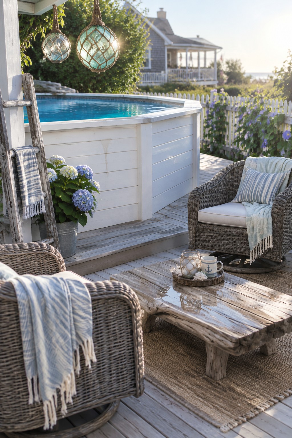 19 Stylish Above Ground Pool Ideas With Poolside Seating Areas Wicker chairs and rustic table on deck by white above-ground pool with glass floats