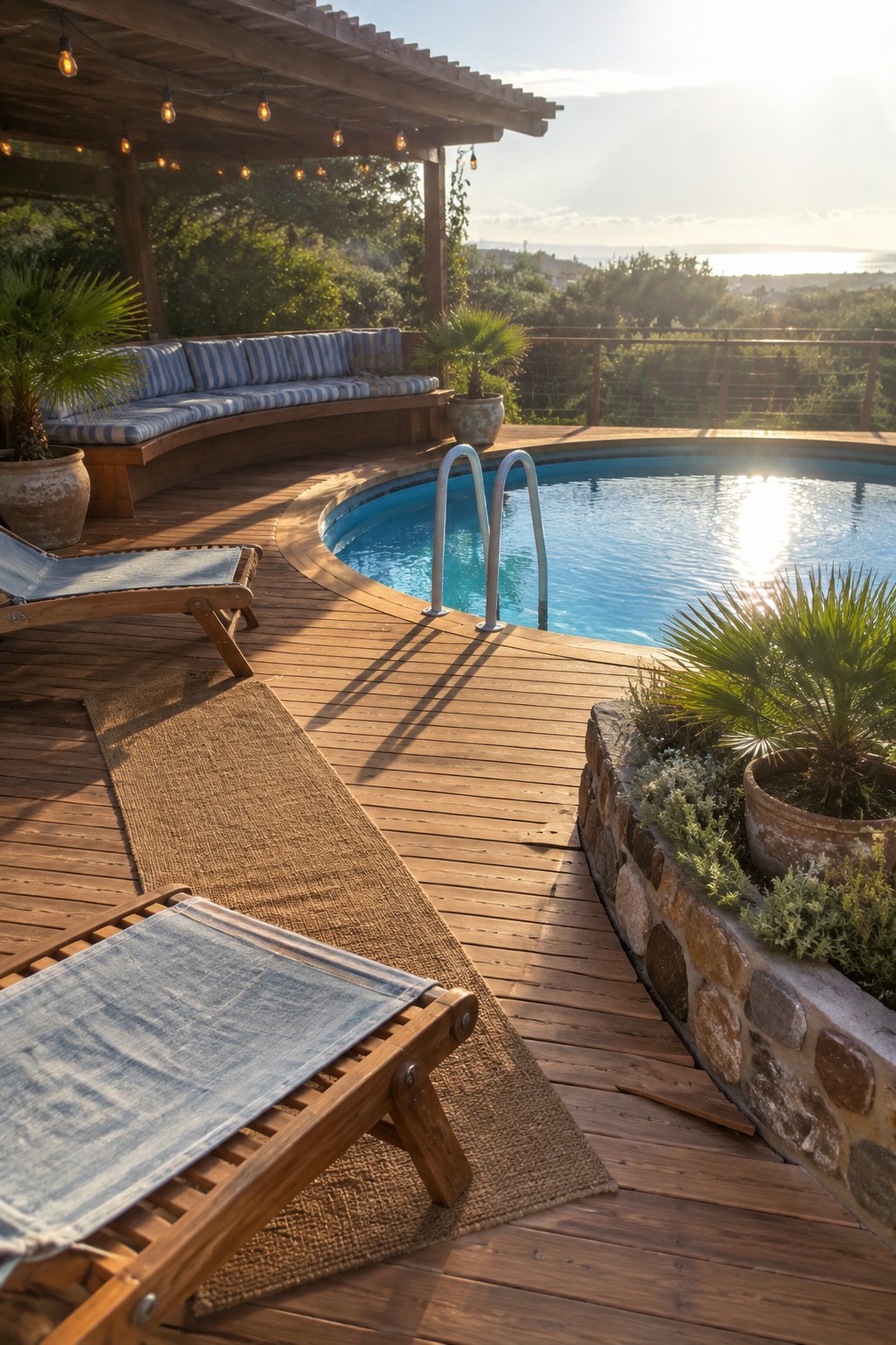 19 Stylish Above Ground Pool Ideas With Poolside Seating Areas Sunlit wooden deck with pool, lounge chairs, striped bench and ocean view.