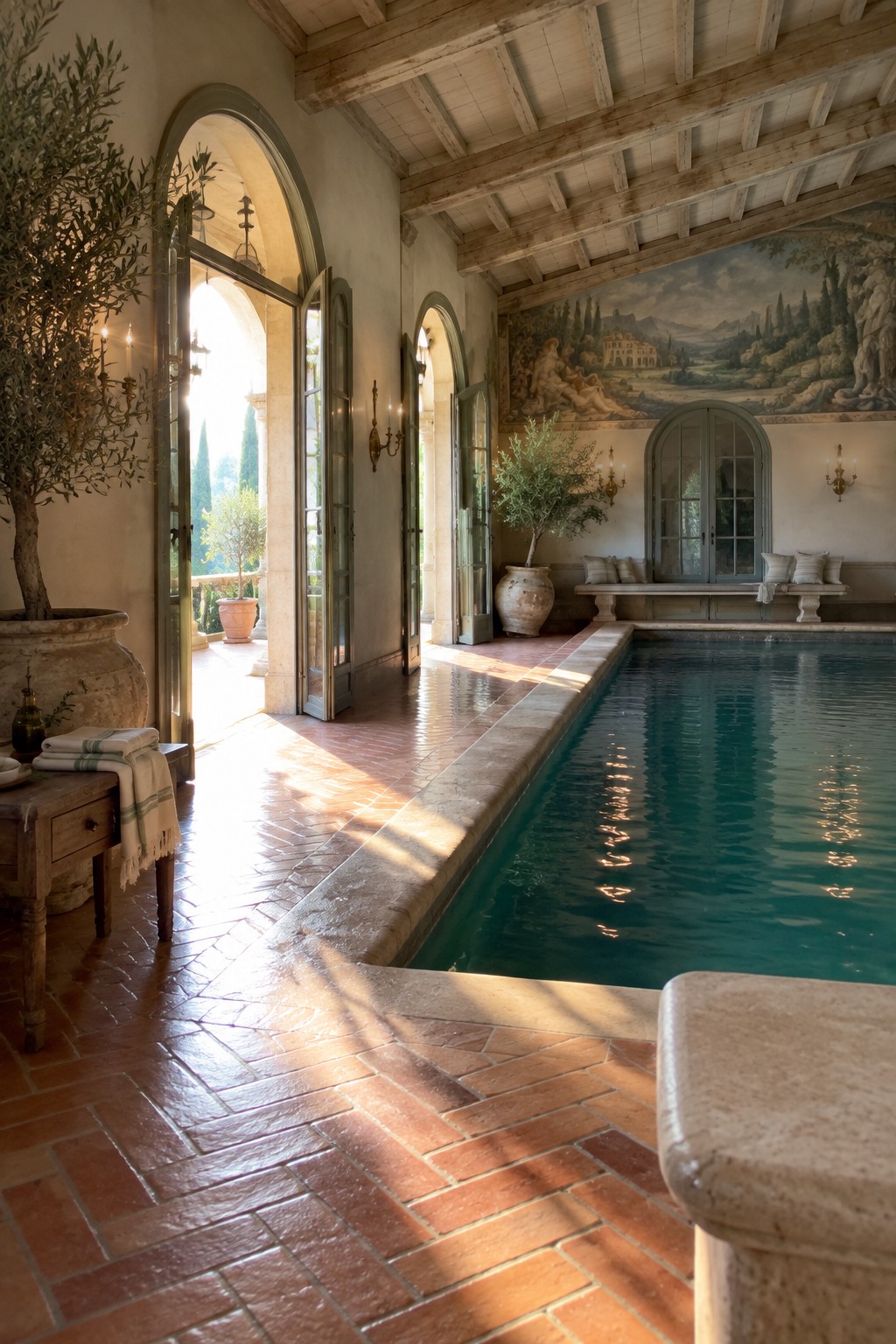 18 Timeless Traditional Indoor Pool Rooms With Classic Architectural Details An indoor pool room featuring multiple arched doorways with glass panels, terracotta brick flooring, exposed wood ceiling beams, and a large landscape mural on the back wall.