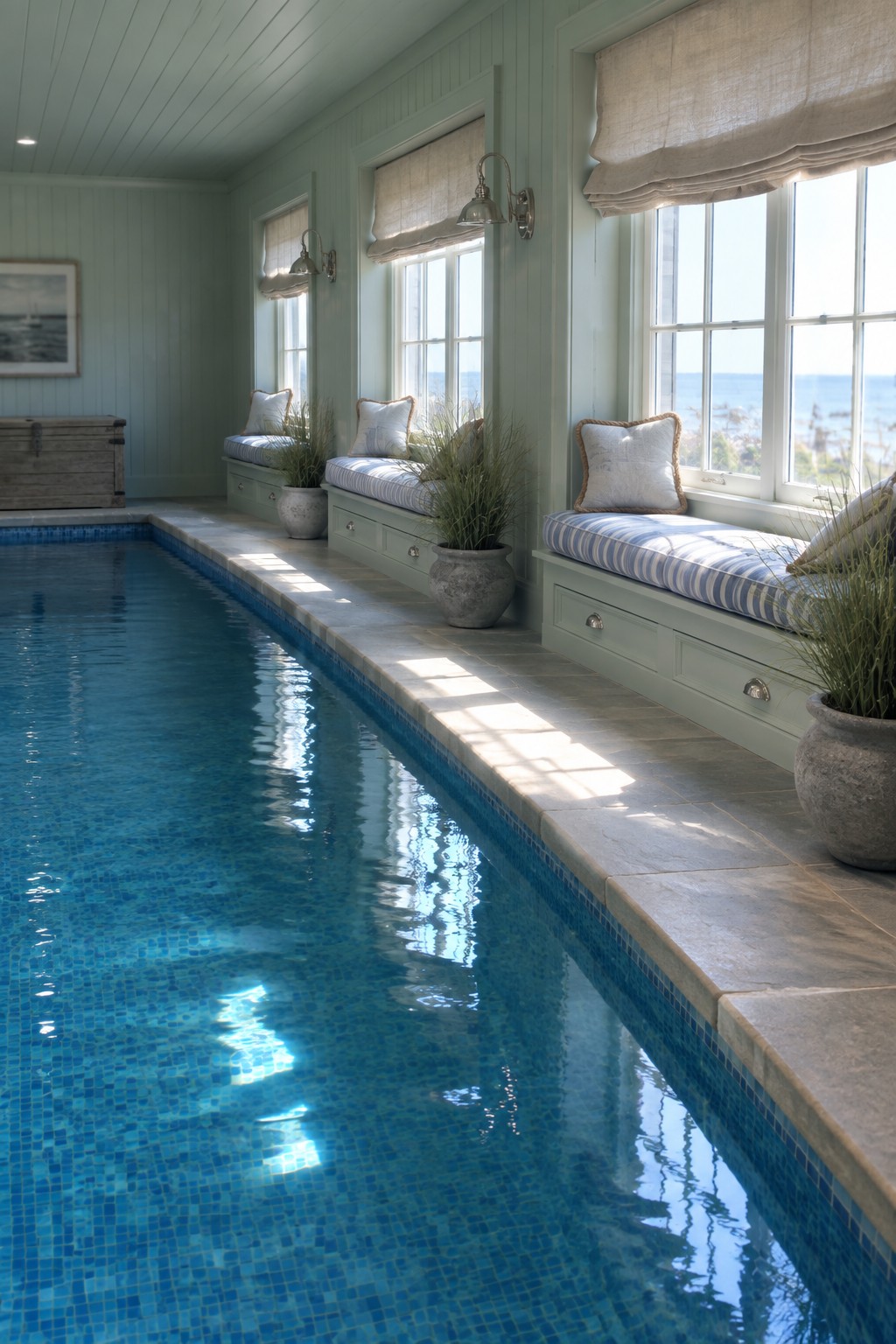 18 Timeless Traditional Indoor Pool Rooms With Classic Architectural Details An indoor lap pool with built-in window seats along one wall, light green paneling, and multiple windows overlooking the ocean.