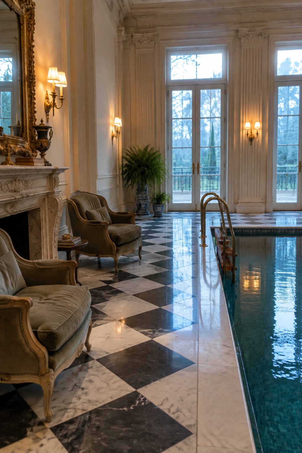 18 Timeless Traditional Indoor Pool Rooms With Classic Architectural Details An indoor pool room with black and white checkered marble flooring, green upholstered armchairs near a marble fireplace, wall sconces, and large French doors.