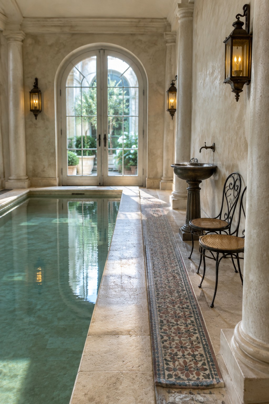18 Timeless Traditional Indoor Pool Rooms With Classic Architectural Details An indoor pool room with stone columns, arched glass doors, wall lanterns, and a tiled runner along the pool edge.