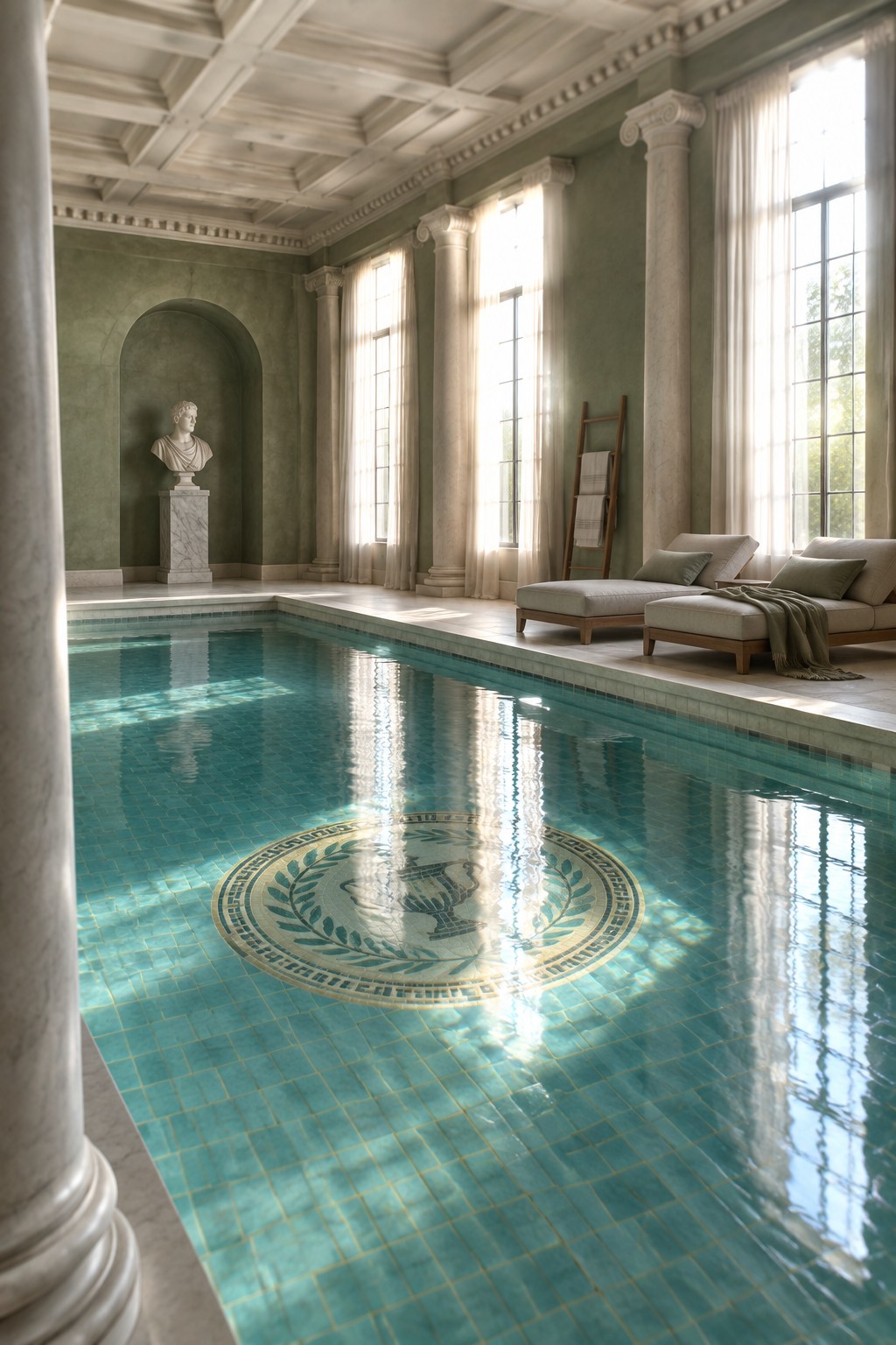 18 Timeless Traditional Indoor Pool Rooms With Classic Architectural Details Sunlit classical indoor pool with mosaic urn, columns, bust, and lounge chairs