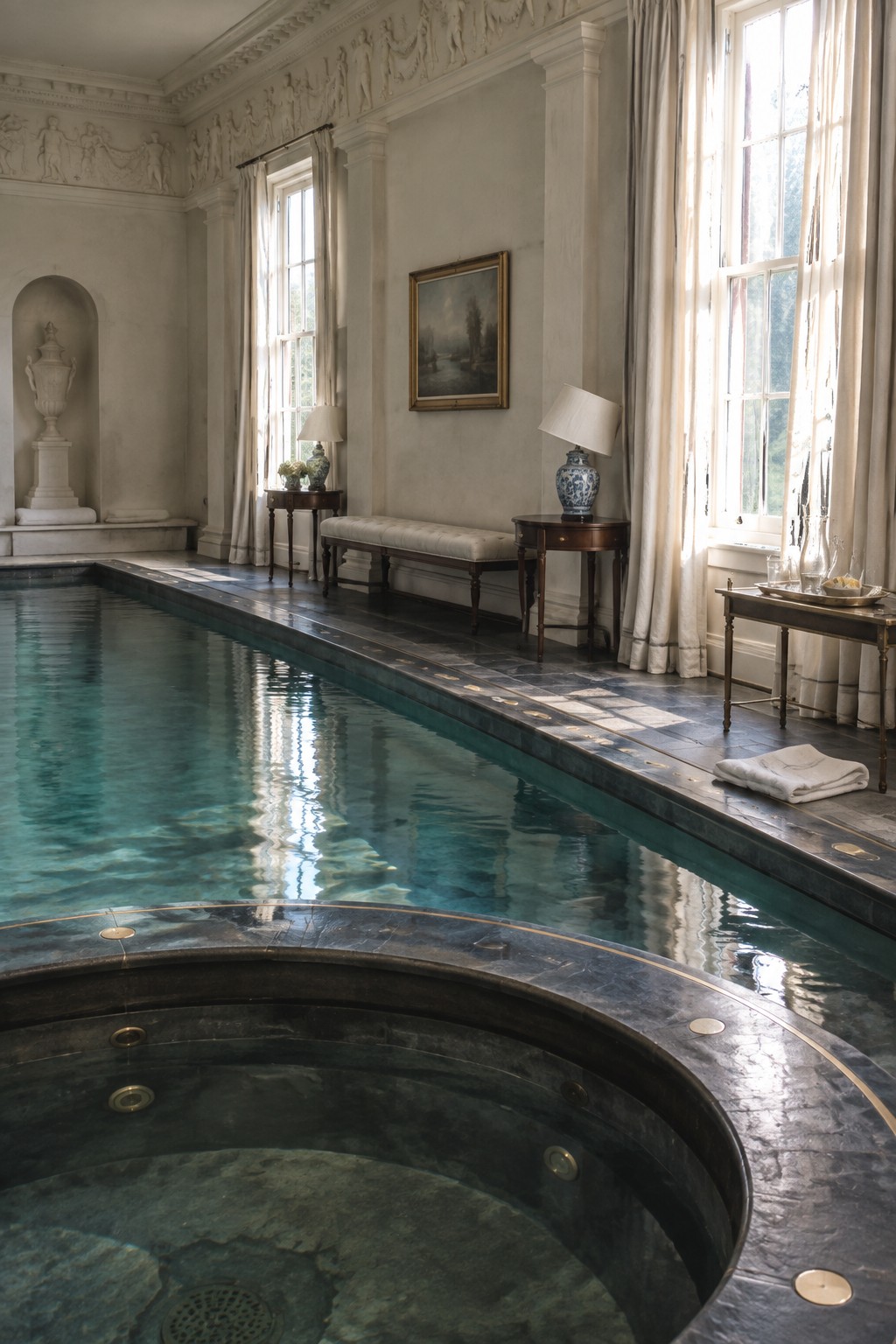 18 Timeless Traditional Indoor Pool Rooms With Classic Architectural Details An indoor pool room with a long rectangular pool, a round spa in the foreground, classical friezes on the walls, a niche with an urn, and large windows with curtains.