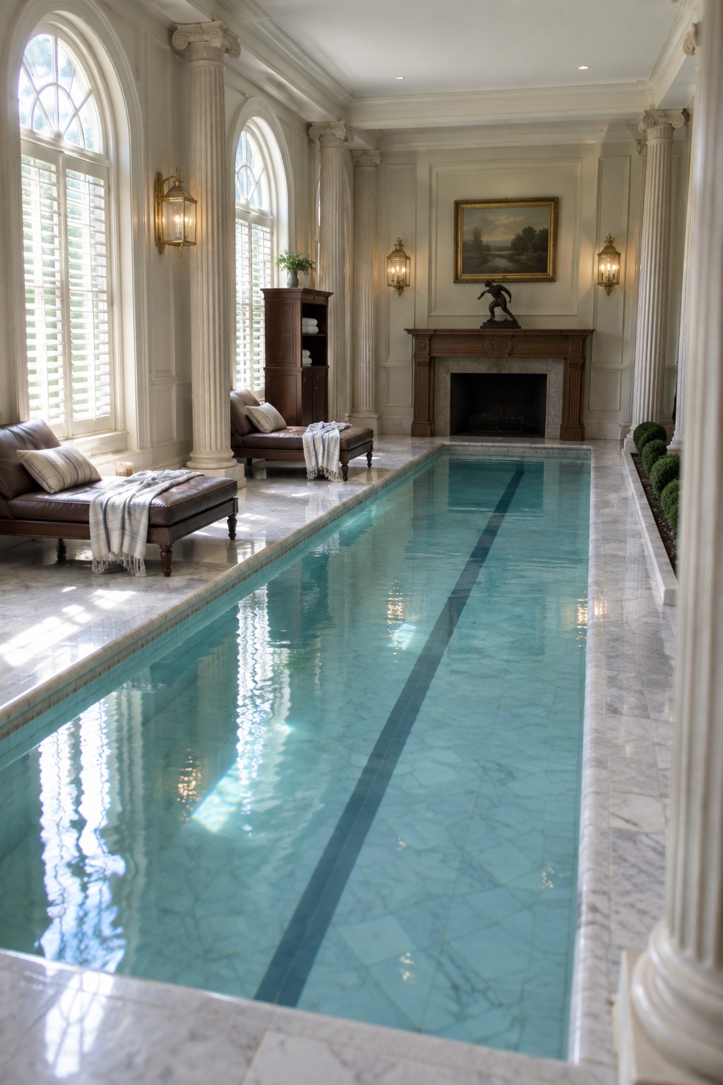 18 Timeless Traditional Indoor Pool Rooms With Classic Architectural Details Luxurious indoor lap pool in marble hall with white columns and arched windows.