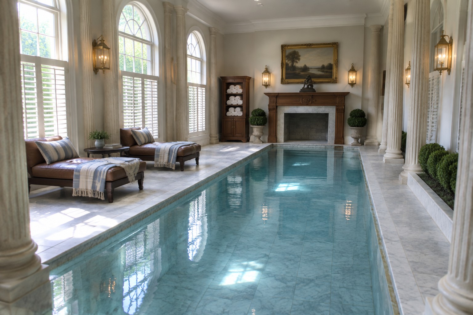 Luxurious indoor lap pool in marble hall with white columns and arched windows.