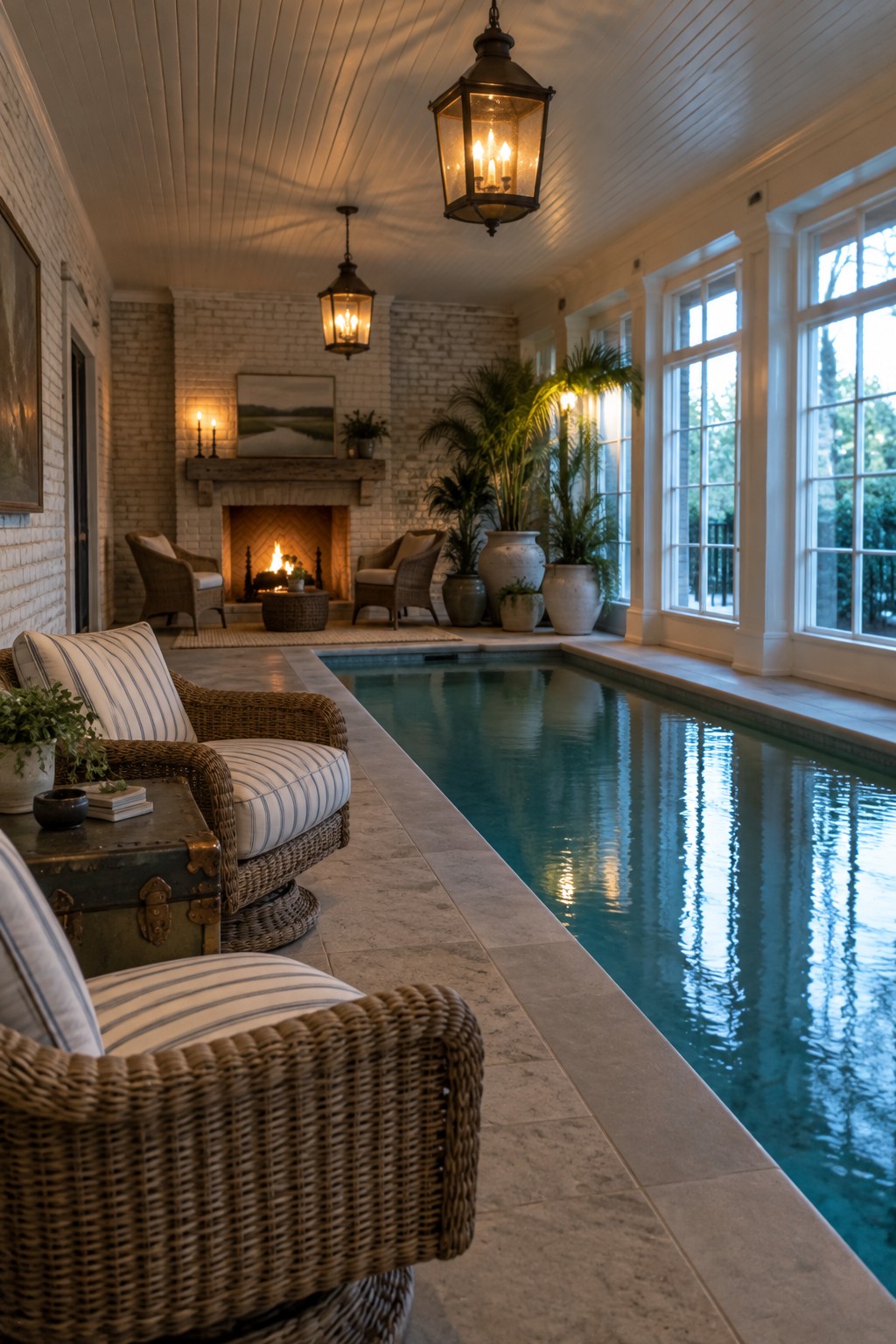 18 Timeless Traditional Indoor Pool Rooms With Classic Architectural Details An indoor pool room featuring a long rectangular pool, a brick fireplace with a wooden mantel, wicker seating with striped cushions, and large multi-paned windows along one wall.