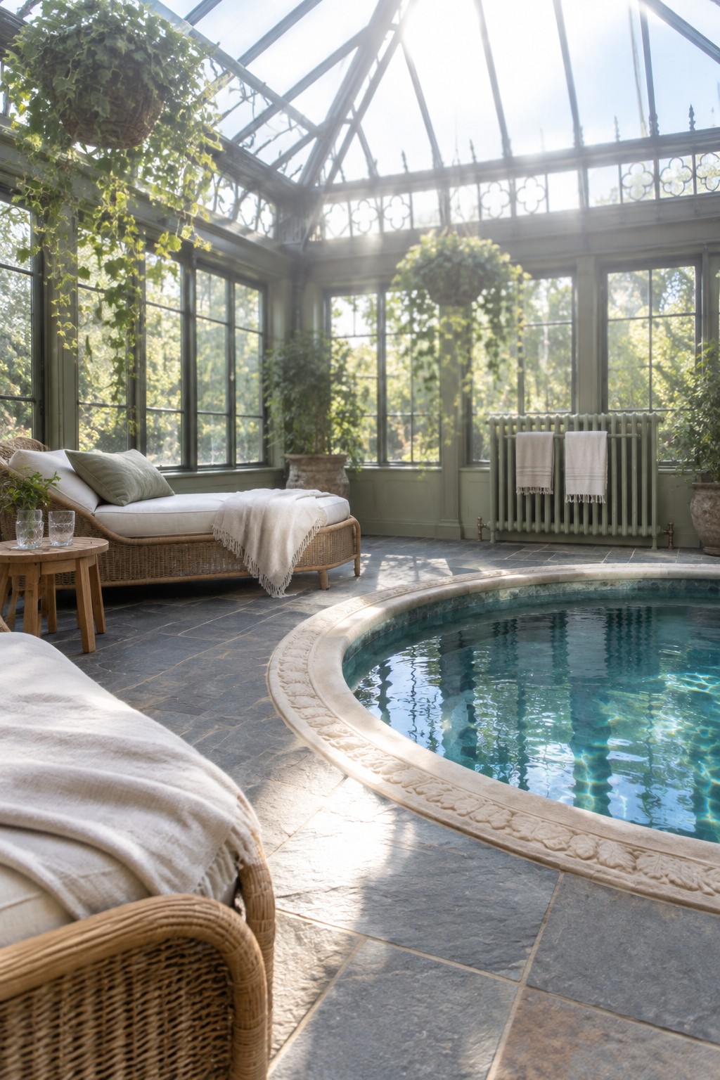 18 Timeless Traditional Indoor Pool Rooms With Classic Architectural Details An indoor pool room with a glass ceiling, ornate metalwork, wicker seating, hanging plants, and a circular stone-edged pool.