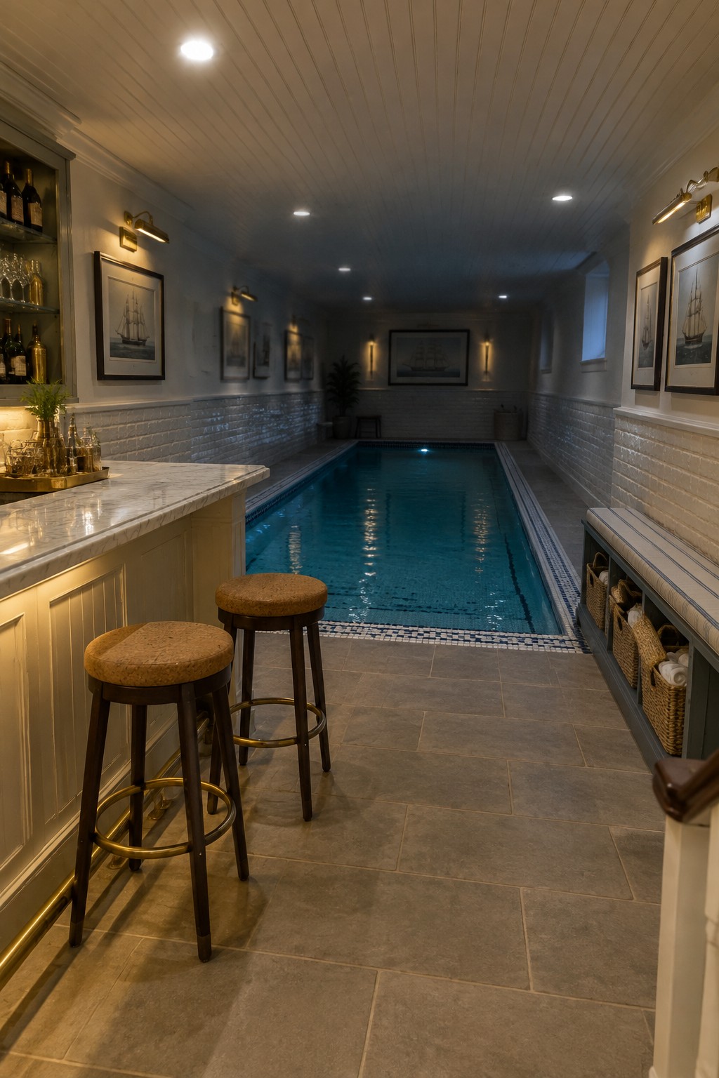 18 Timeless Traditional Indoor Pool Rooms With Classic Architectural Details Indoor pool with marble bar, two stools, ship paintings, and brick walls.