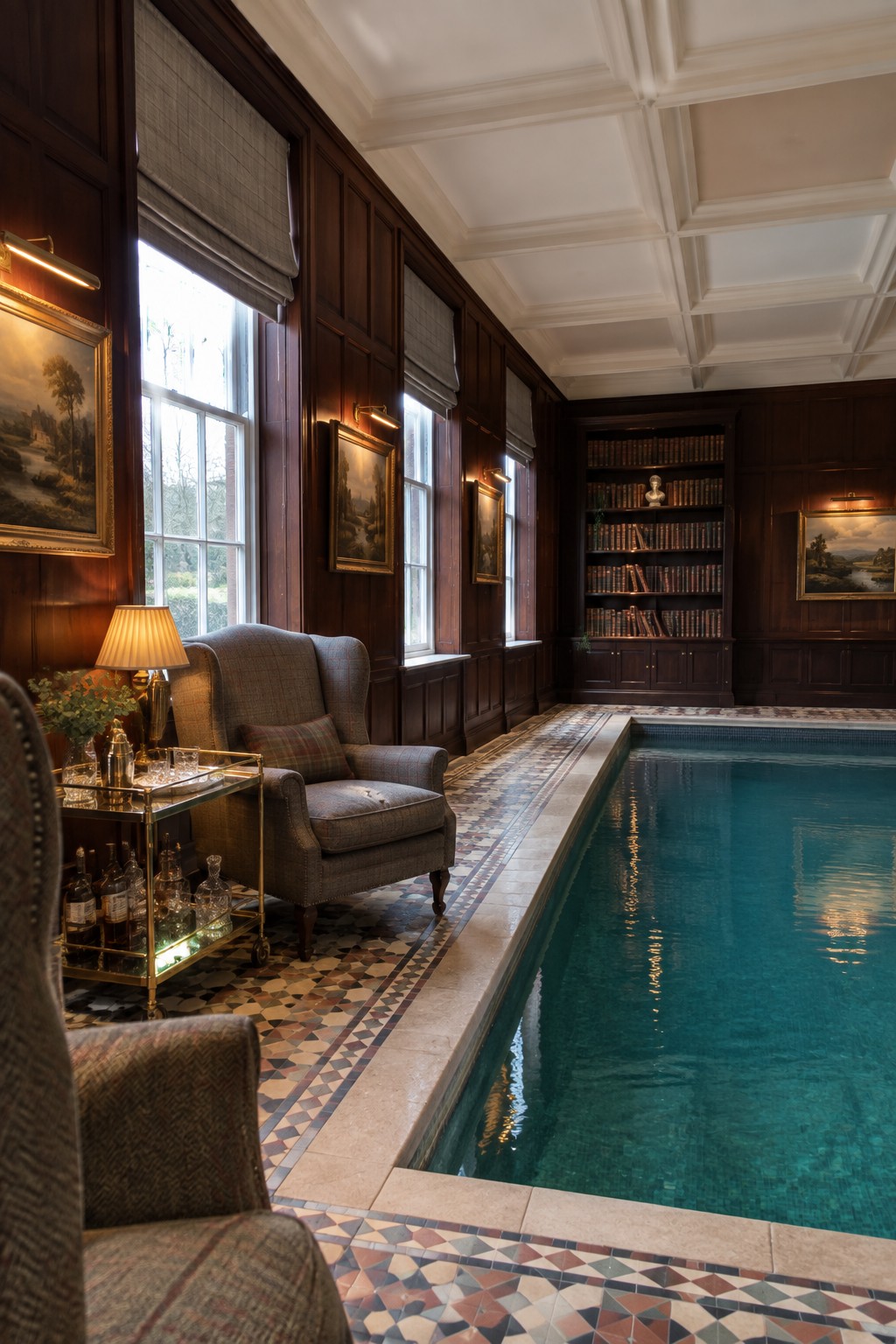 18 Timeless Traditional Indoor Pool Rooms With Classic Architectural Details An indoor pool with mosaic tile runs along a wood-paneled room lined with built-in bookshelves, windows, and upholstered armchairs.