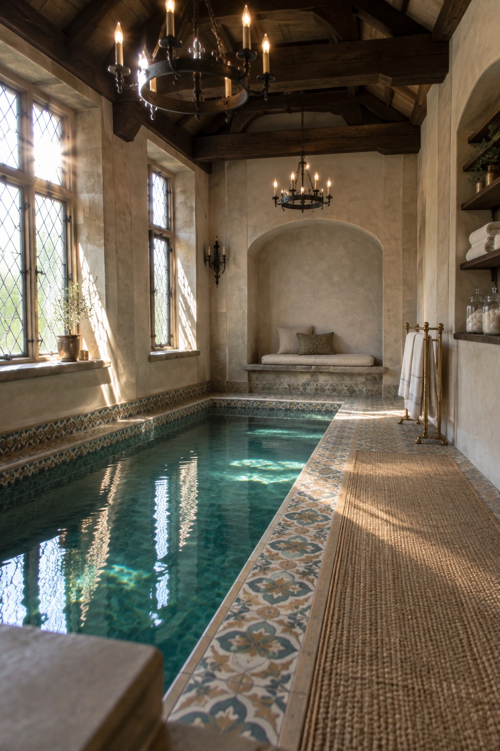 18 Timeless Traditional Indoor Pool Rooms With Classic Architectural Details A long indoor lap pool lined with colorful patterned ceramic tile borders, set in a room with plaster walls, exposed dark wood ceiling beams, multiple chandeliers, and an arched niche with a built-in bench.