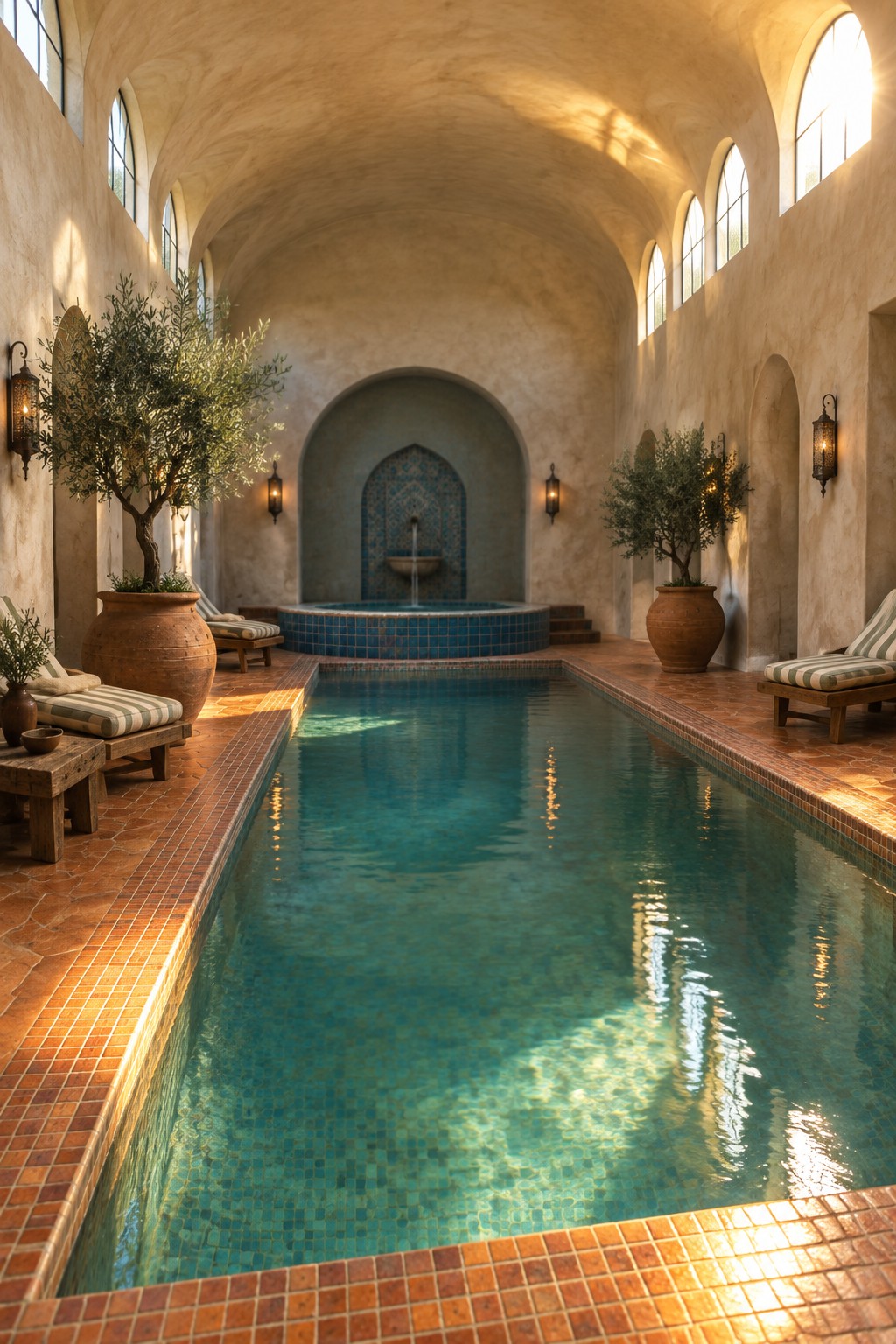 18 Timeless Traditional Indoor Pool Rooms With Classic Architectural Details Sunlit vaulted indoor pool with mosaic fountain, olive trees, and lounge chairs