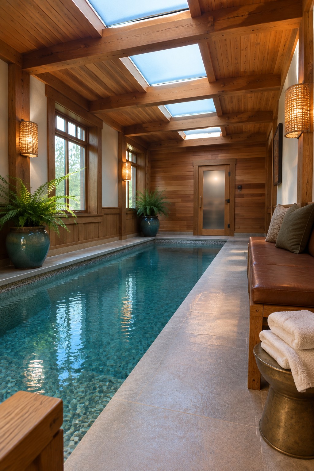 18 Timeless Traditional Indoor Pool Rooms With Classic Architectural Details An indoor lap pool in a wood-paneled room with exposed ceiling beams, multiple skylights, potted ferns, wall sconces, and a leather bench along the right side.