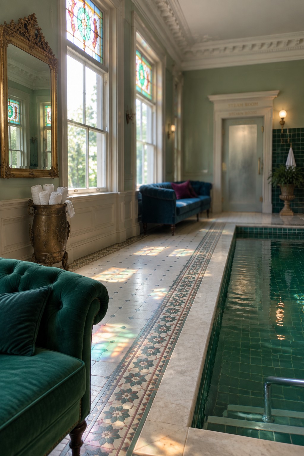 18 Timeless Traditional Indoor Pool Rooms With Classic Architectural Details An indoor pool room with stained glass windows along the left wall, green walls, patterned tile flooring, and a long rectangular pool with green tile.