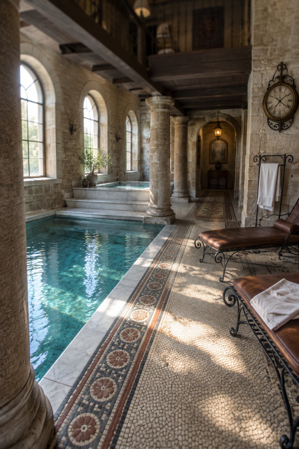18 Timeless Traditional Indoor Pool Rooms With Classic Architectural Details An indoor pool room with stone walls, arched windows, columns, a long pool, and leather lounge chairs along a mosaic-tiled walkway.